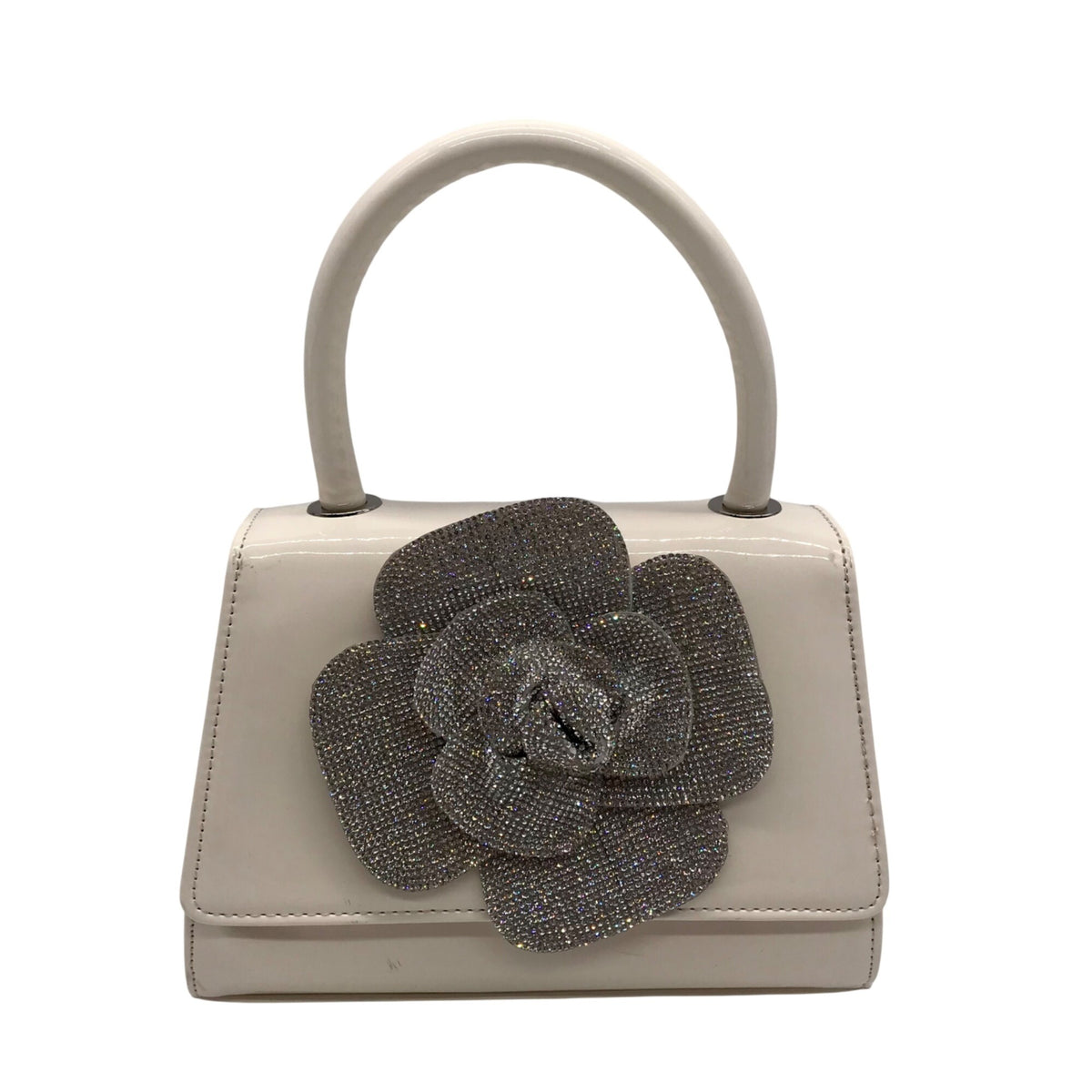 Nina Crystal Beige faux Leather Flower Embellished Patent Satchel Bag