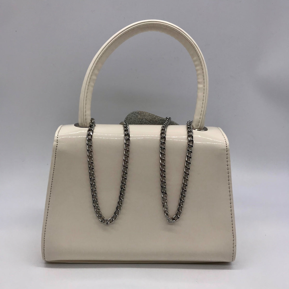 Nina Crystal Beige faux Leather Flower Embellished Patent Satchel Bag
