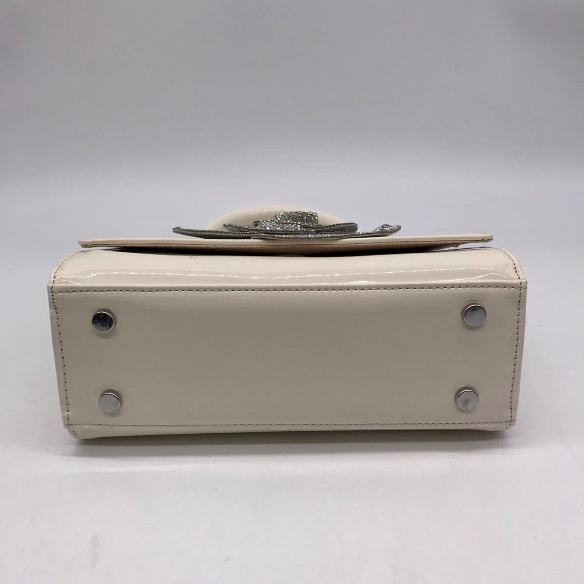Nina Crystal Beige faux Leather Flower Embellished Patent Satchel Bag