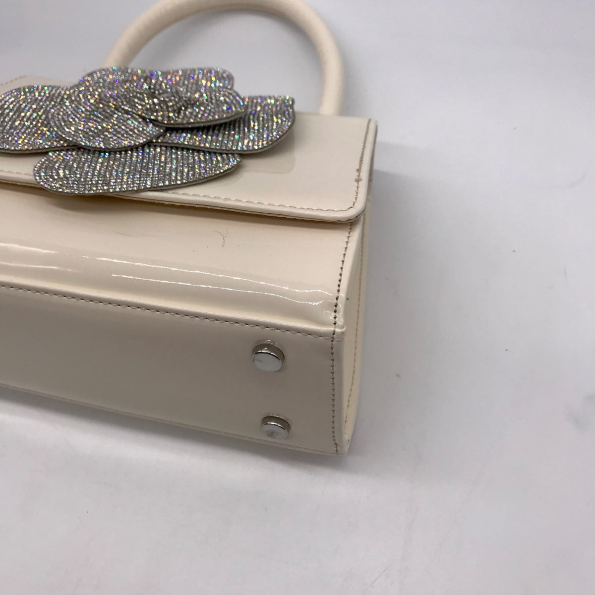 Nina Crystal Beige faux Leather Flower Embellished Patent Satchel Bag