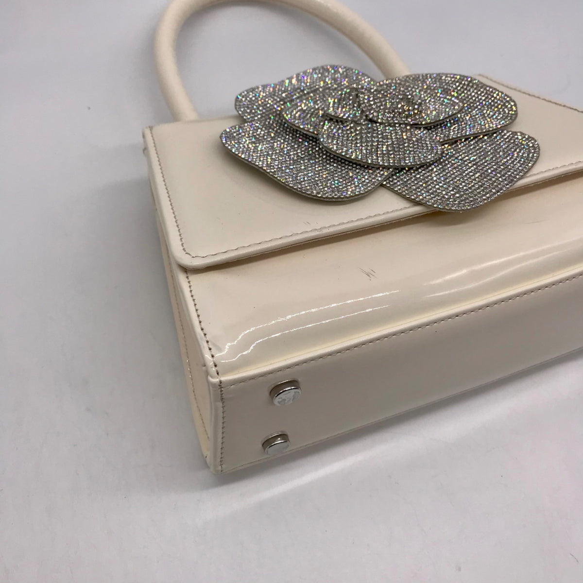 Nina Crystal Beige faux Leather Flower Embellished Patent Satchel Bag