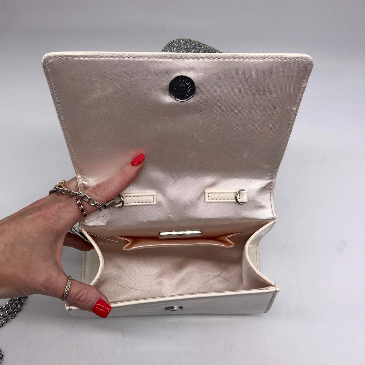Nina Crystal Beige faux Leather Flower Embellished Patent Satchel Bag