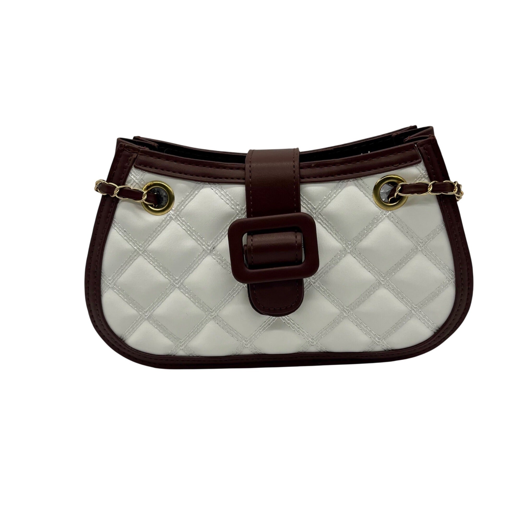 MMS Brand  White/Brown Faux Leather Quilted Chain Shoulder Bag