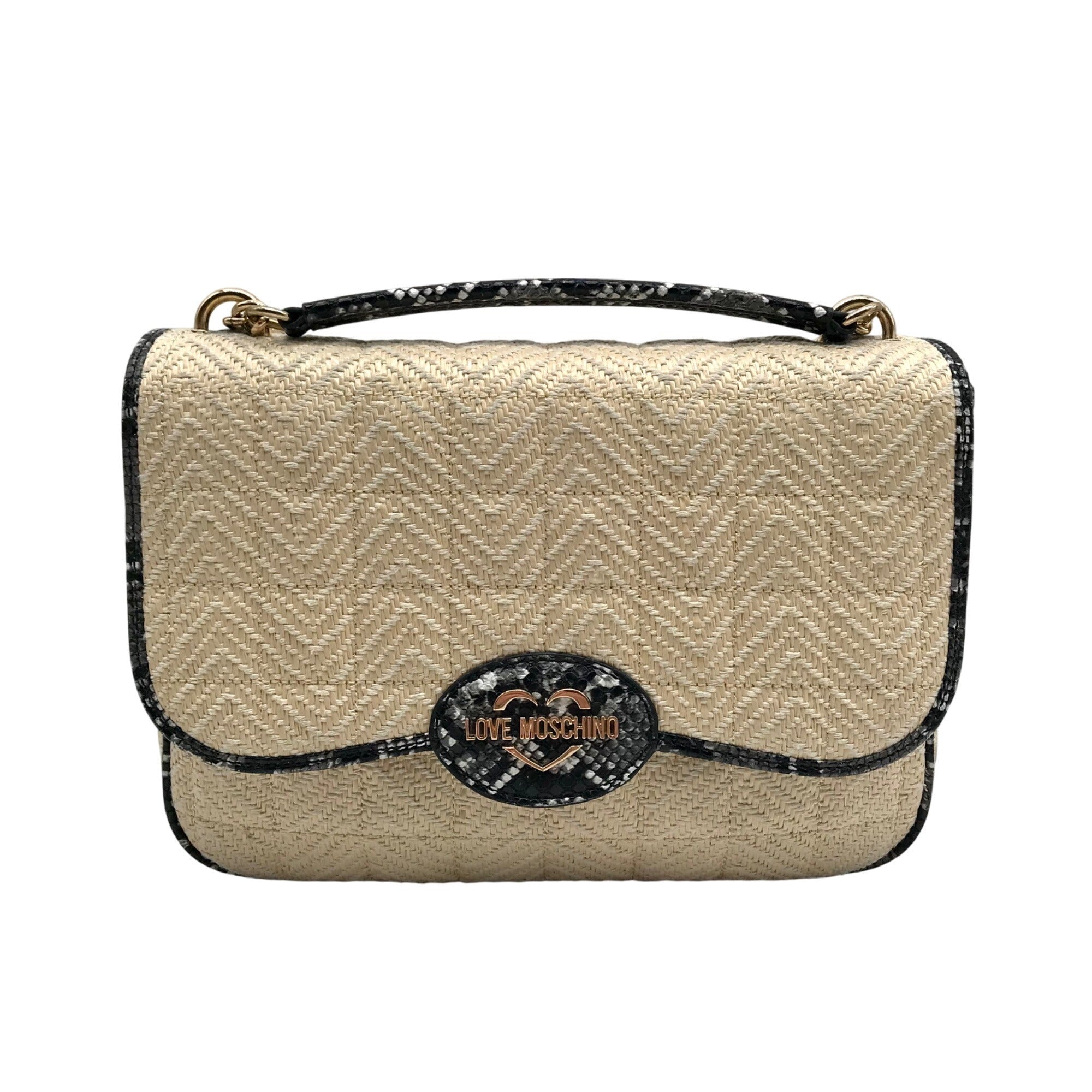 Love Moschino Beige Straw and Snake Pattern Crossbody Bag
