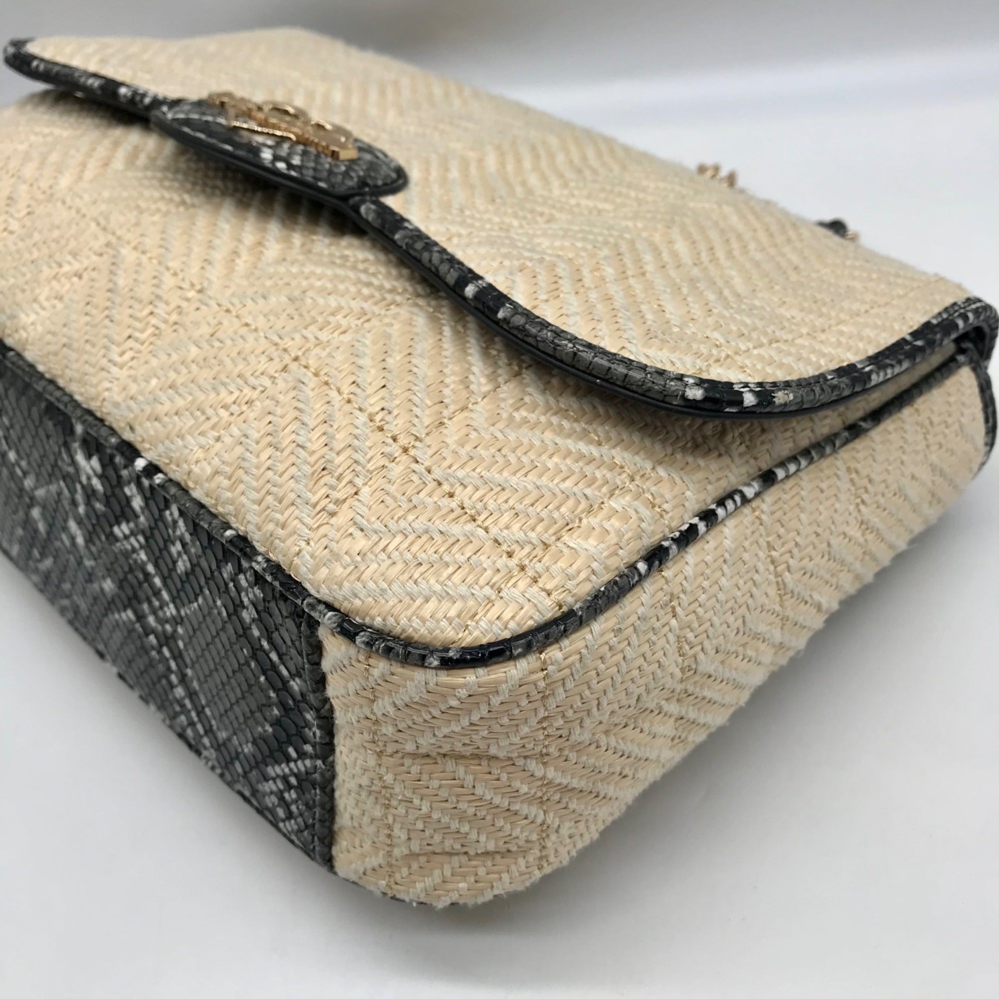 Love Moschino Beige Straw and Snake Pattern Crossbody Bag