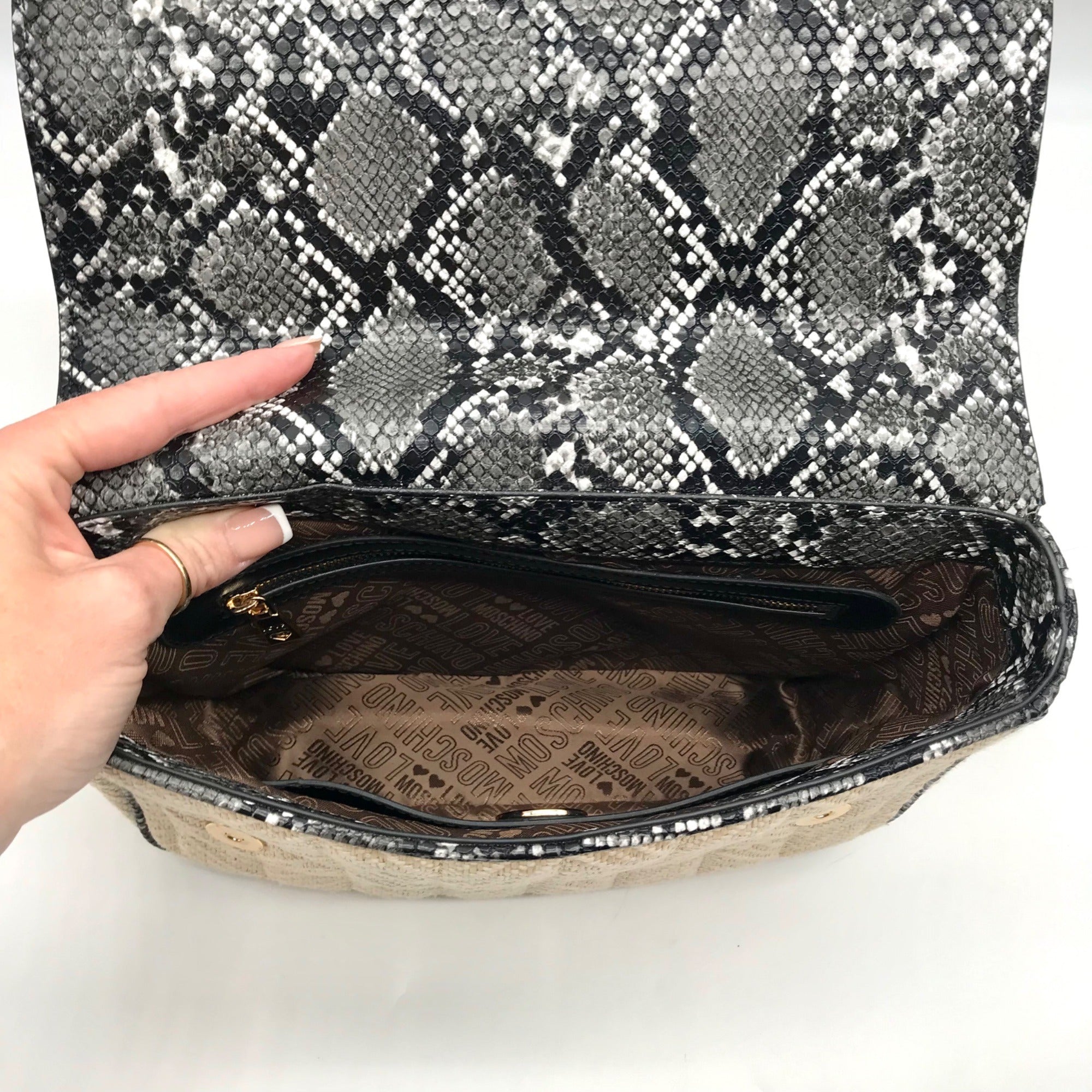 Love Moschino Beige Straw and Snake Pattern Crossbody Bag