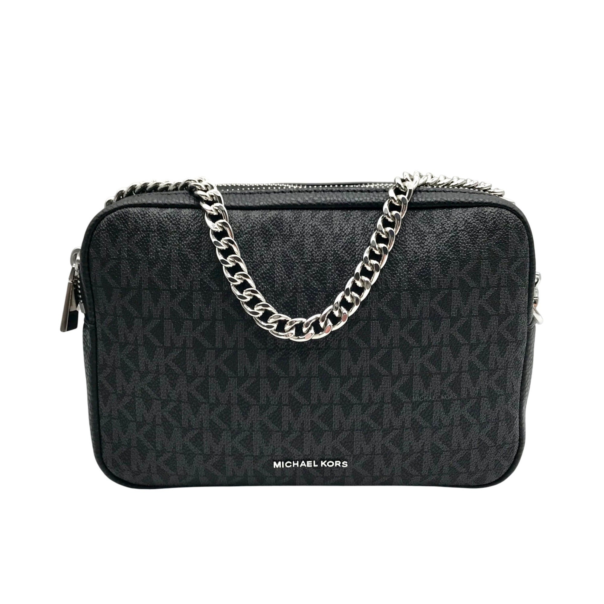 Michael Kors Black Coated Canvas Double Zip Bryant Chain Camera Crossbody 