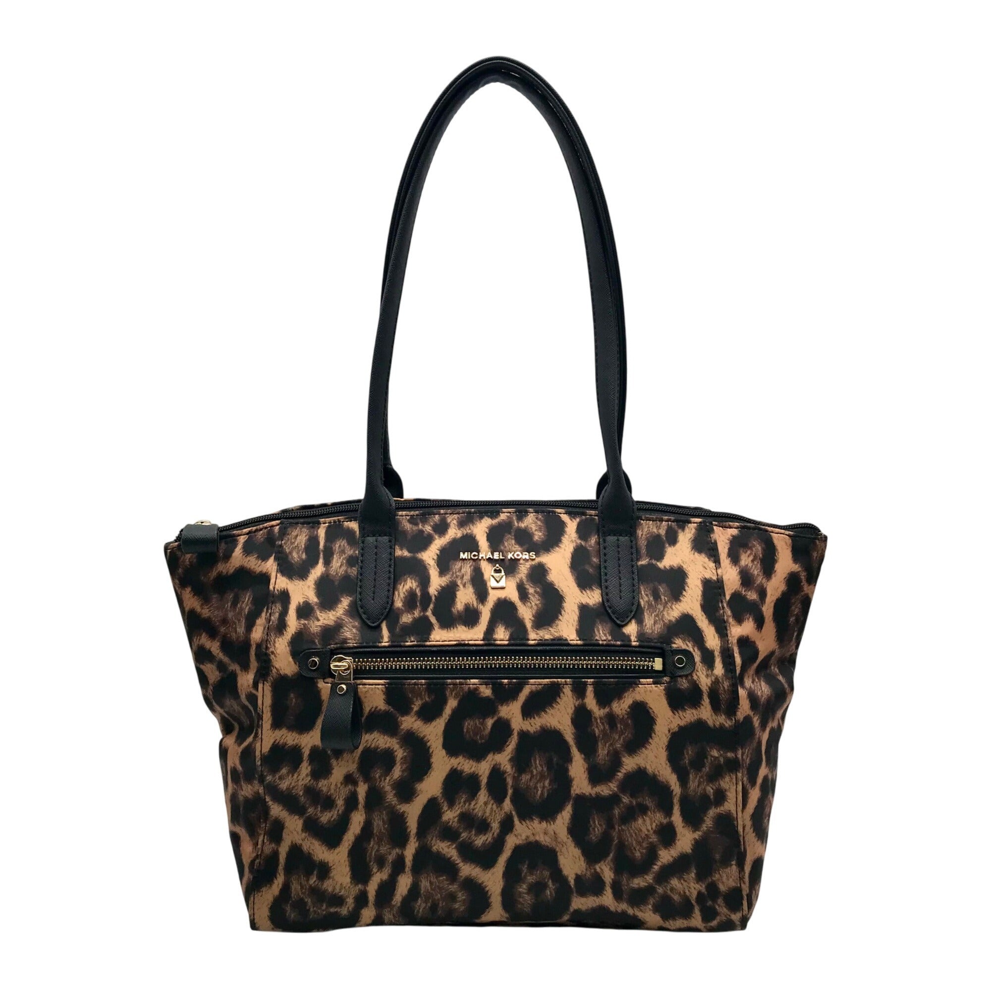 Michael Kors Black Leopard Print Nylon Kelsey Zip Top Tote Bag