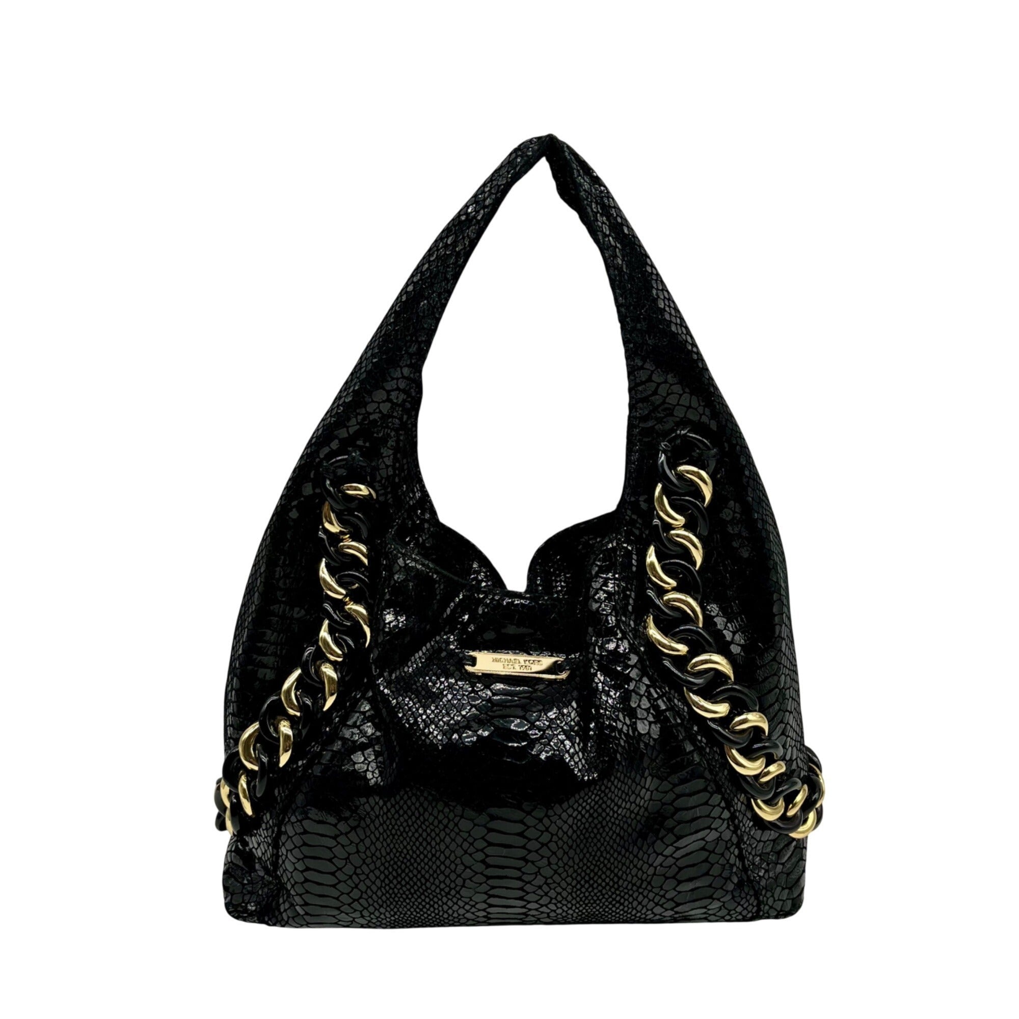 Michael Kors Black Python Embossed Leather Suede ID Chain Hobo Bag