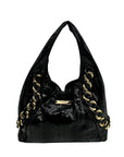 Michael Kors Black Python Embossed Leather Suede ID Chain Hobo Bag