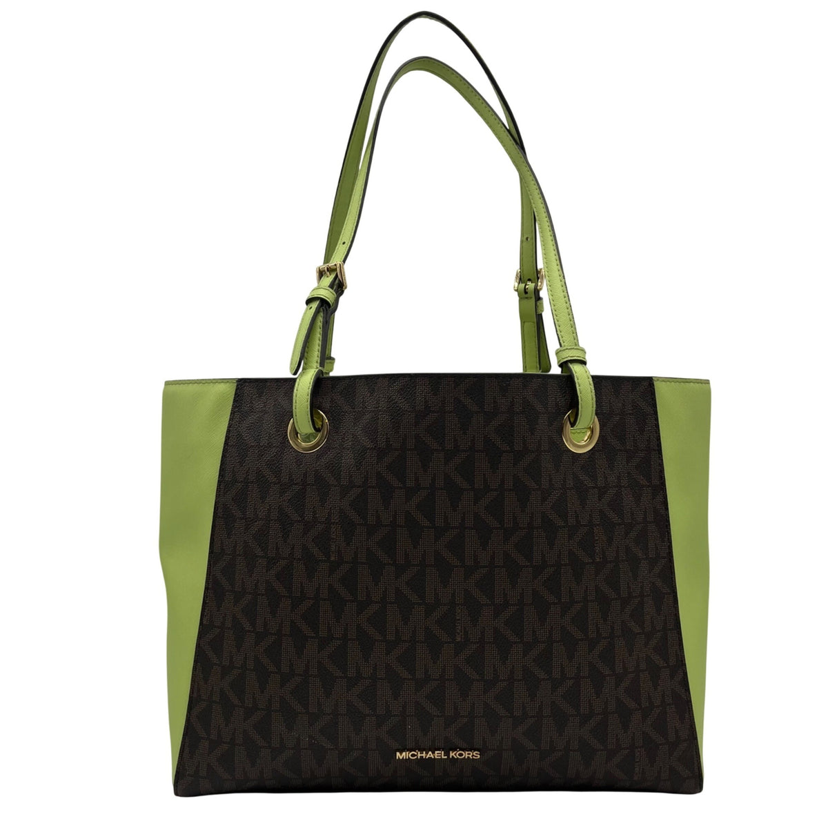 Michael Kors Brown &amp; Neon Green Signature Monogram Tote Bag