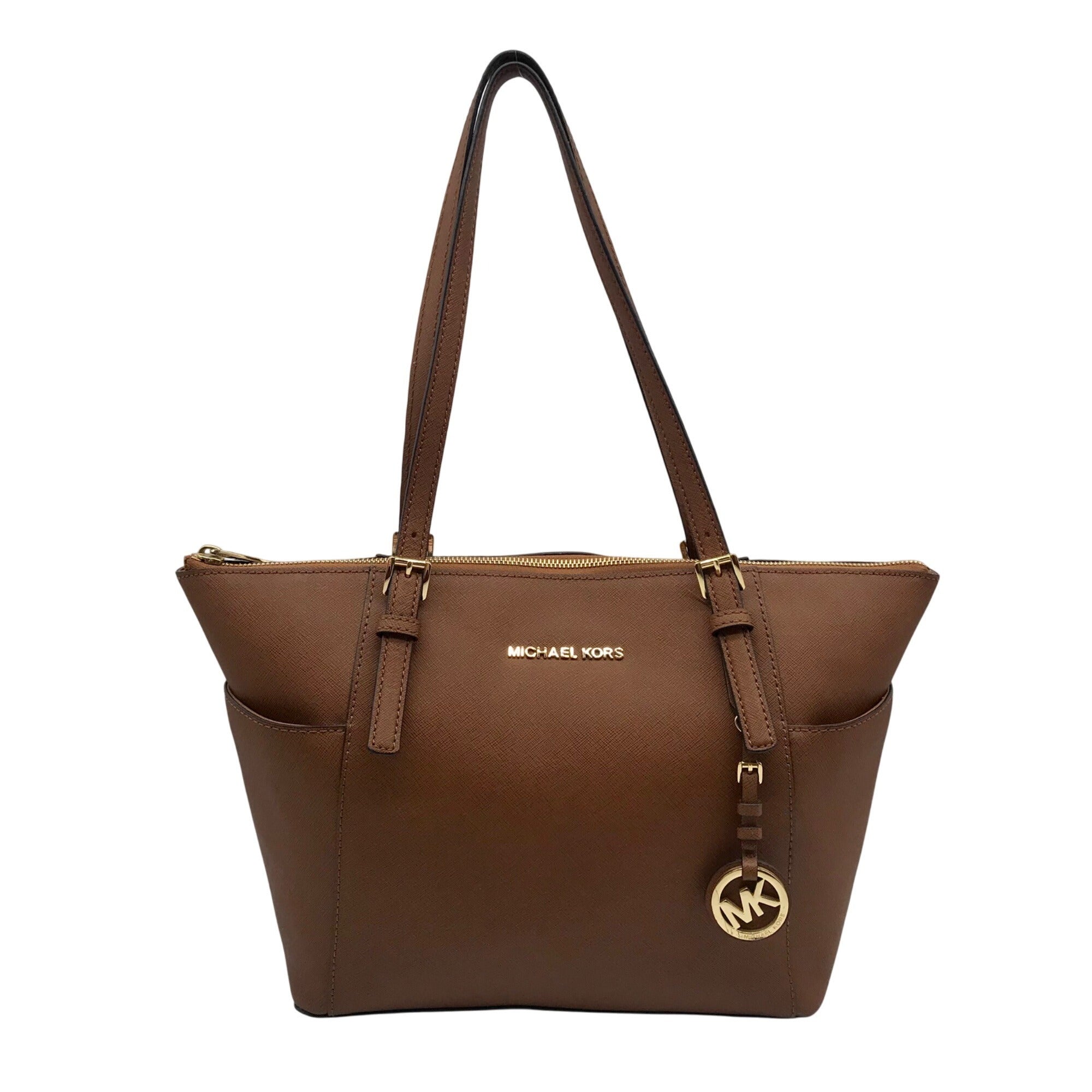 Michael Kors Brown Saffiano Leather Charlotte Top Zip Tote Bag