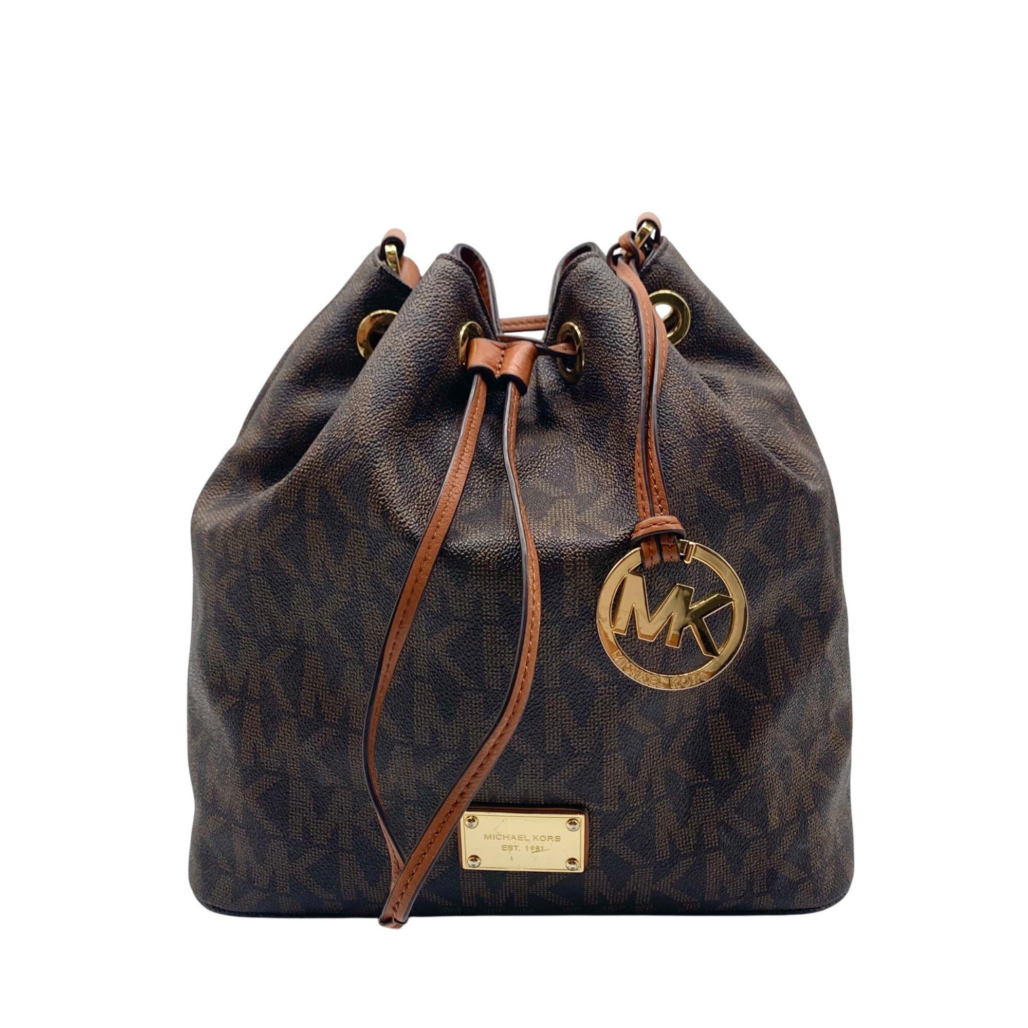 Michael Kors Dark Brown Signature Coated Canvas Jules Drawstring Shoulder Bag 