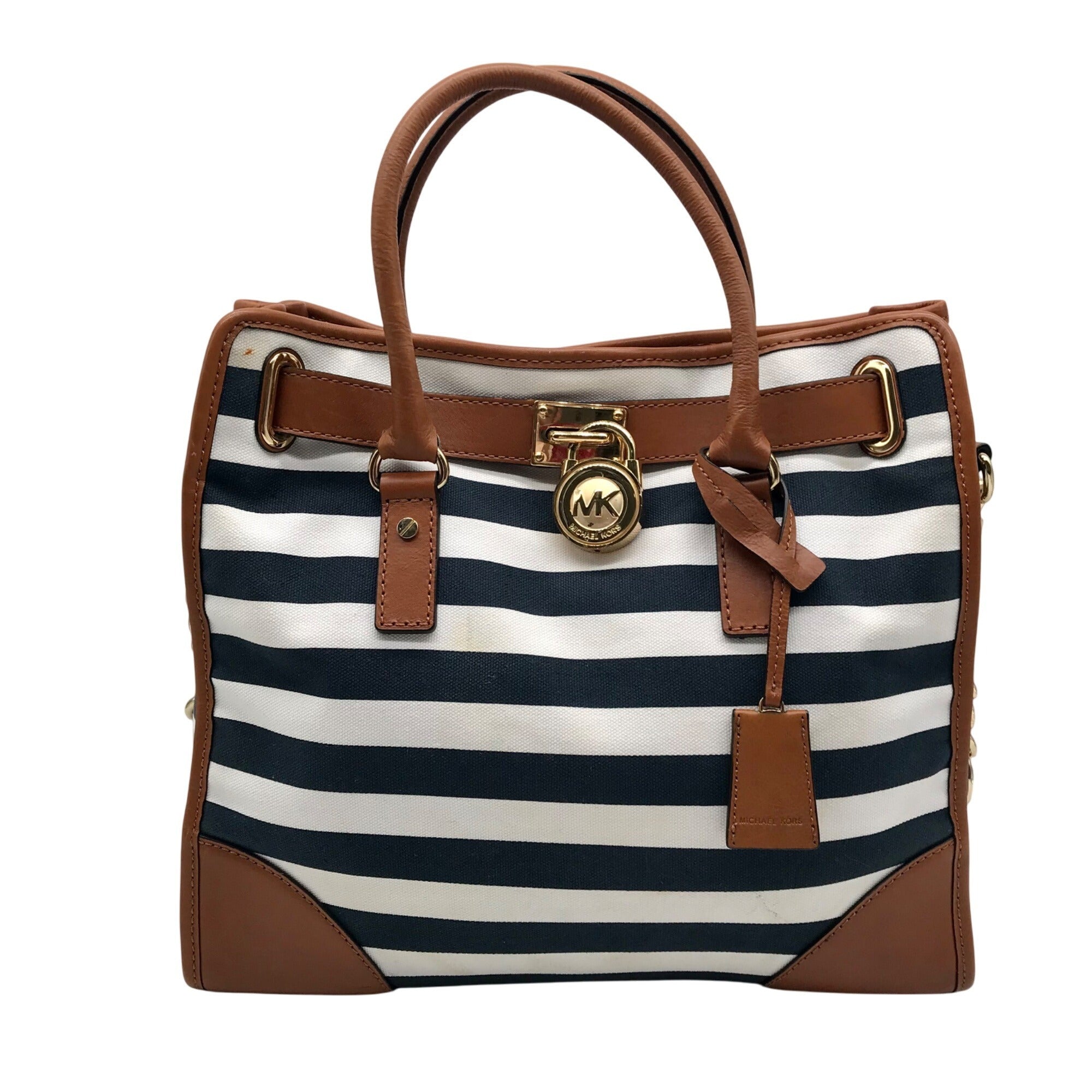 Michael Kors Navy Blue & White Striped Canvas Hamilton Tote Bag