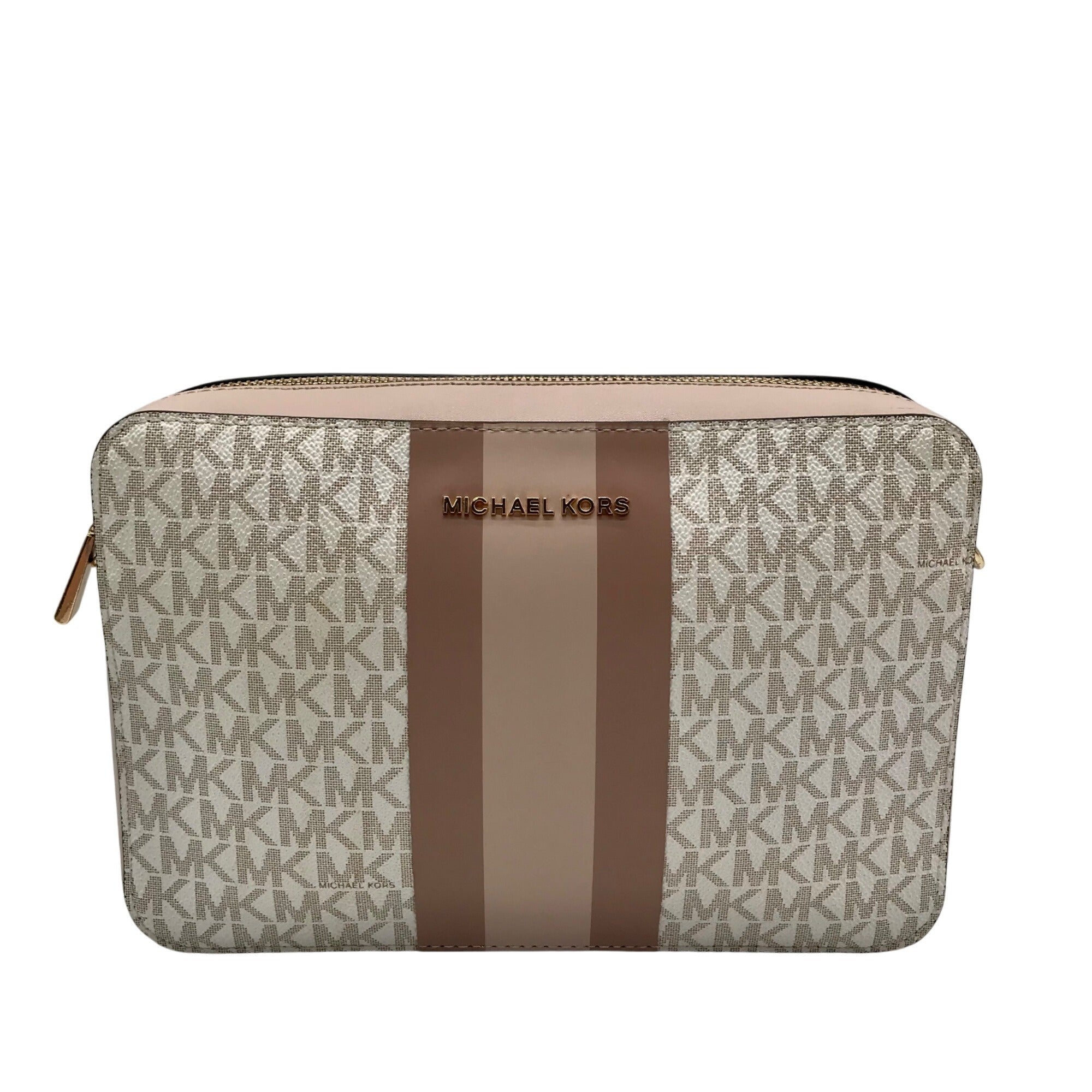 Michael Kors Vanilla And Pink Leather Signature Stripe Jet Set Crossbody