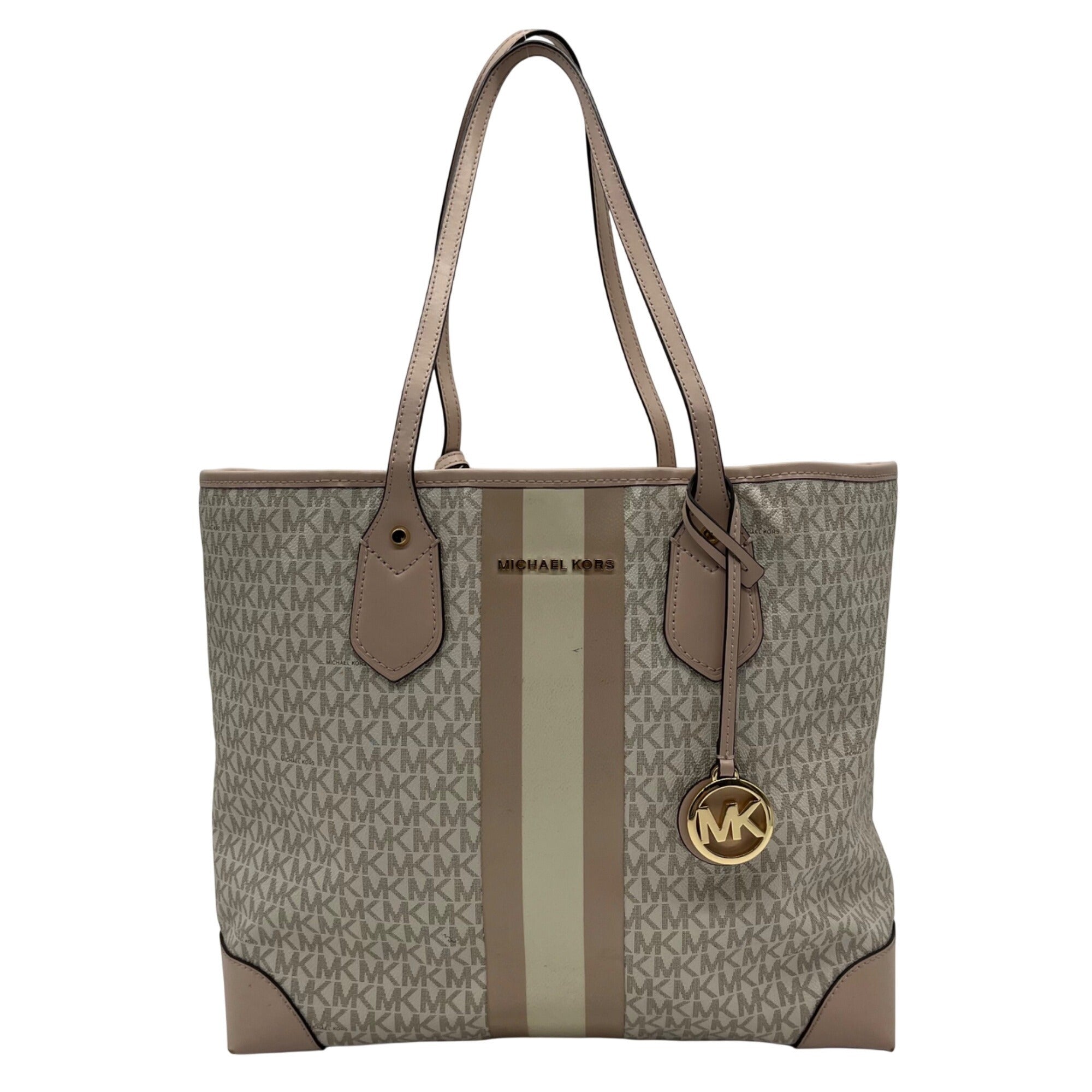 Michael Kors Vanilla & Soft Pink Signature  Pebbled Leather Eva Large Stripped Tote Bag 