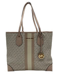 Michael Kors Vanilla & Soft Pink Signature  Pebbled Leather Eva Large Stripped Tote Bag 