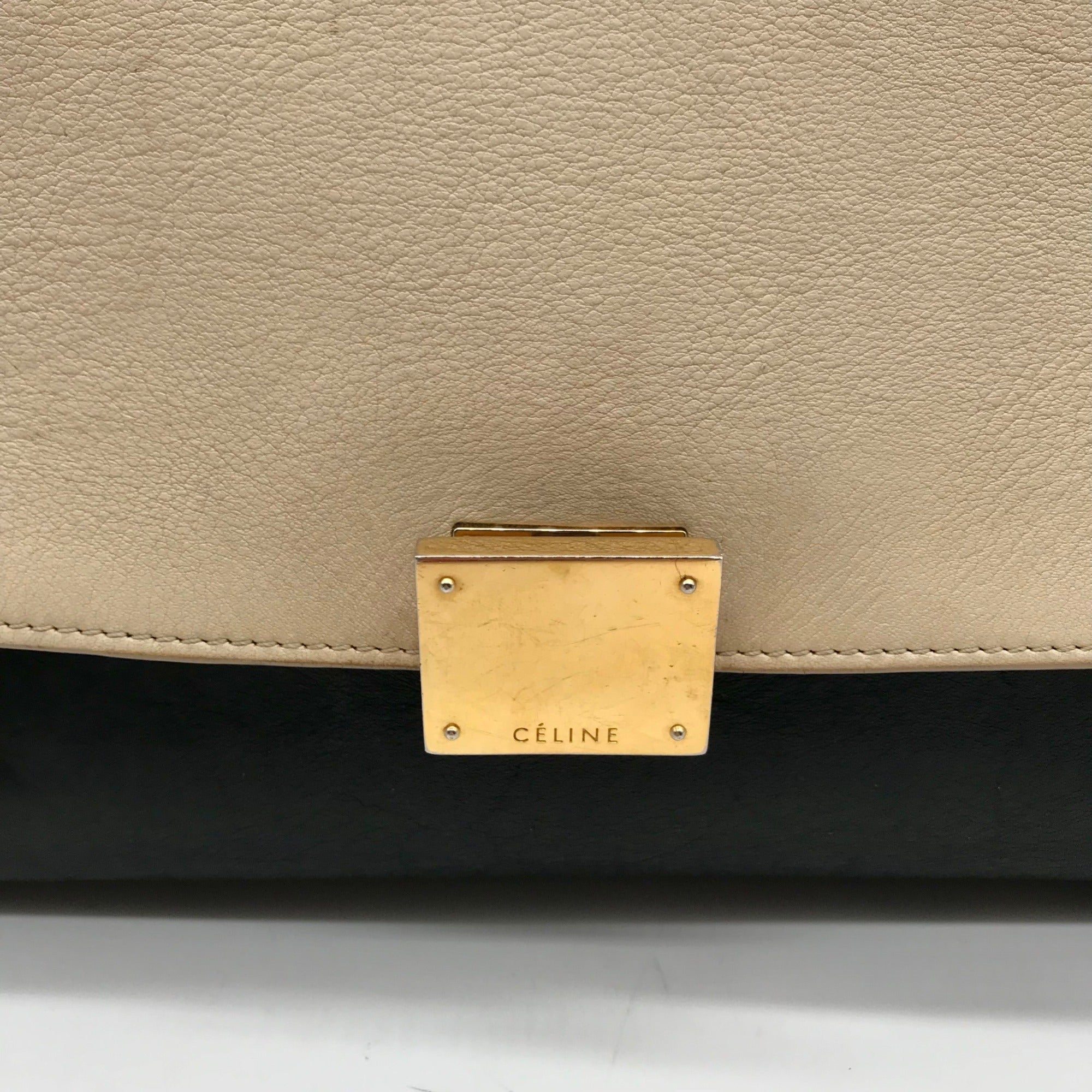 Celine Beige &amp; Black Calfskin Trapeze Convertible Satchel