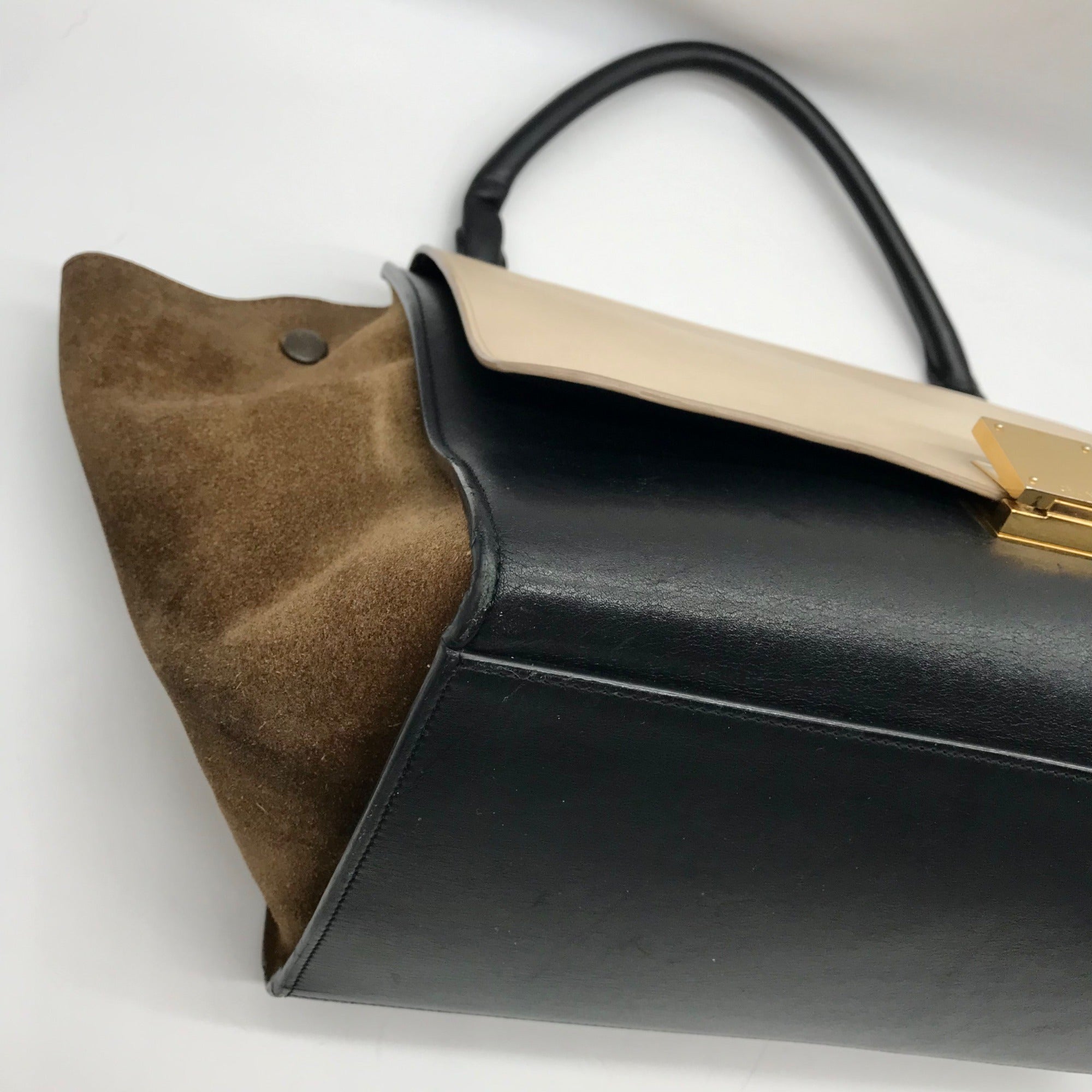 Celine Beige &amp; Black Calfskin Trapeze Convertible Satchel