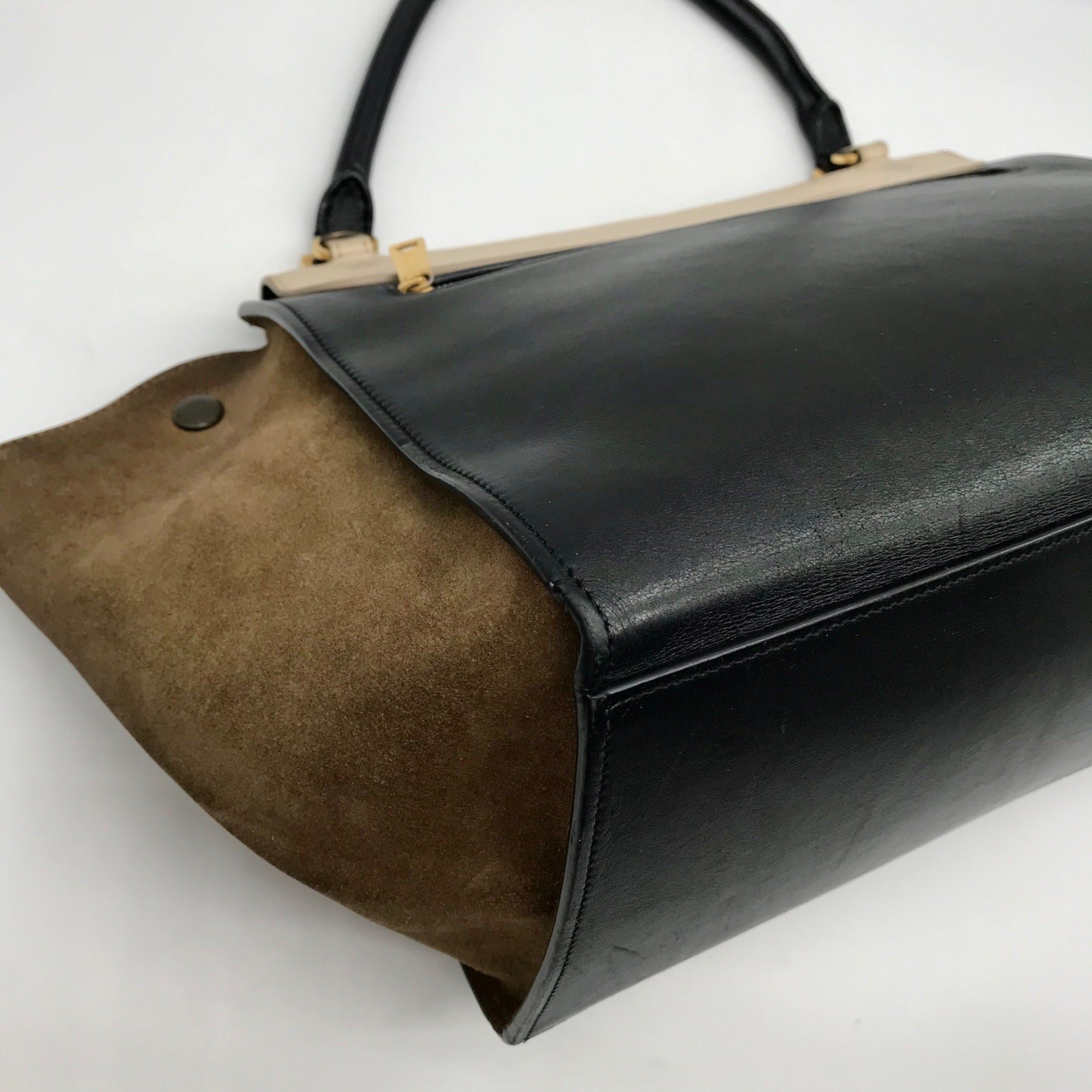 Celine Beige &amp; Black Calfskin Trapeze Convertible Satchel