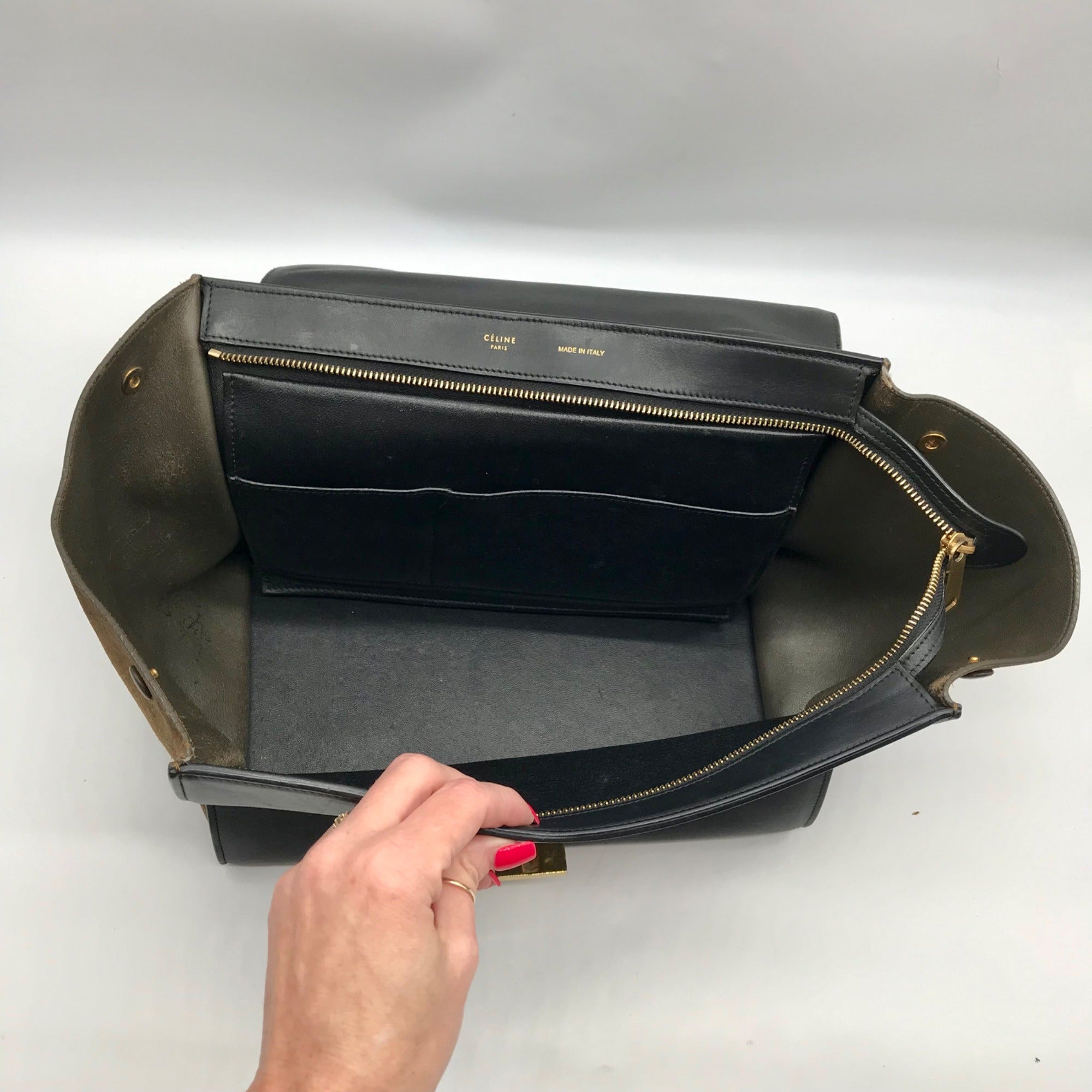 Celine Beige &amp; Black Calfskin Trapeze Convertible Satchel