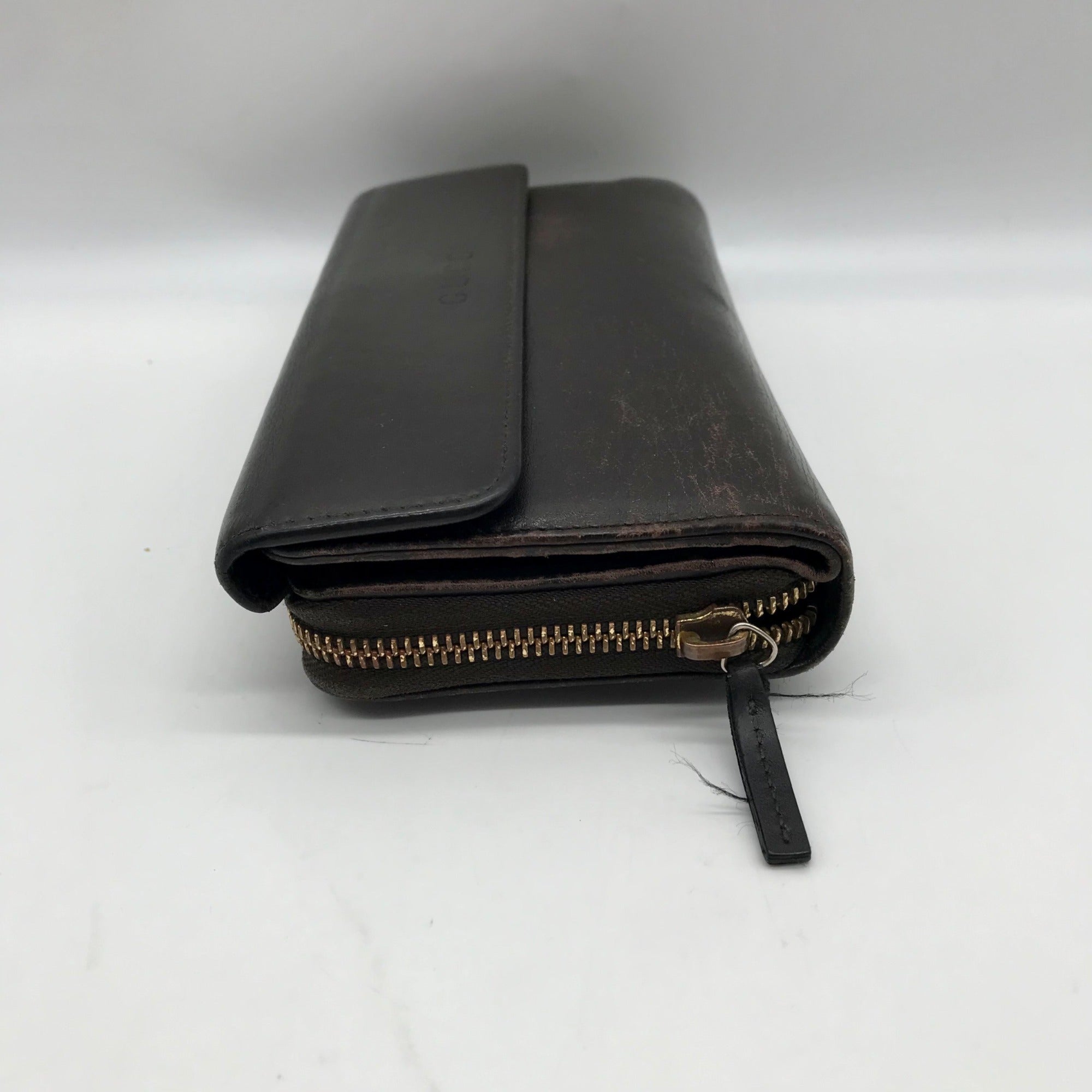 Gucci Dark Brown Leather Long Tri-Fold Wallet