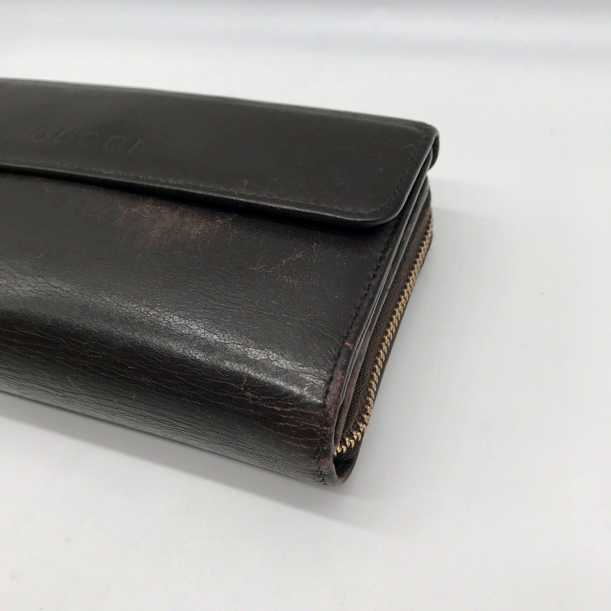 Gucci Dark Brown Leather Long Tri-Fold Wallet