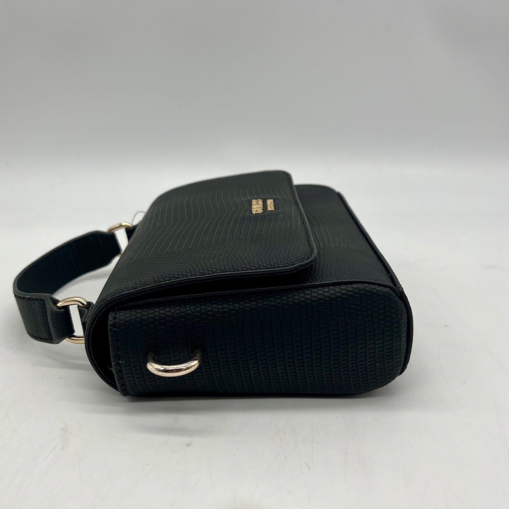 Guess Black Faux Leather Lyndi Mini Top Handle Flap Crossbody Bag