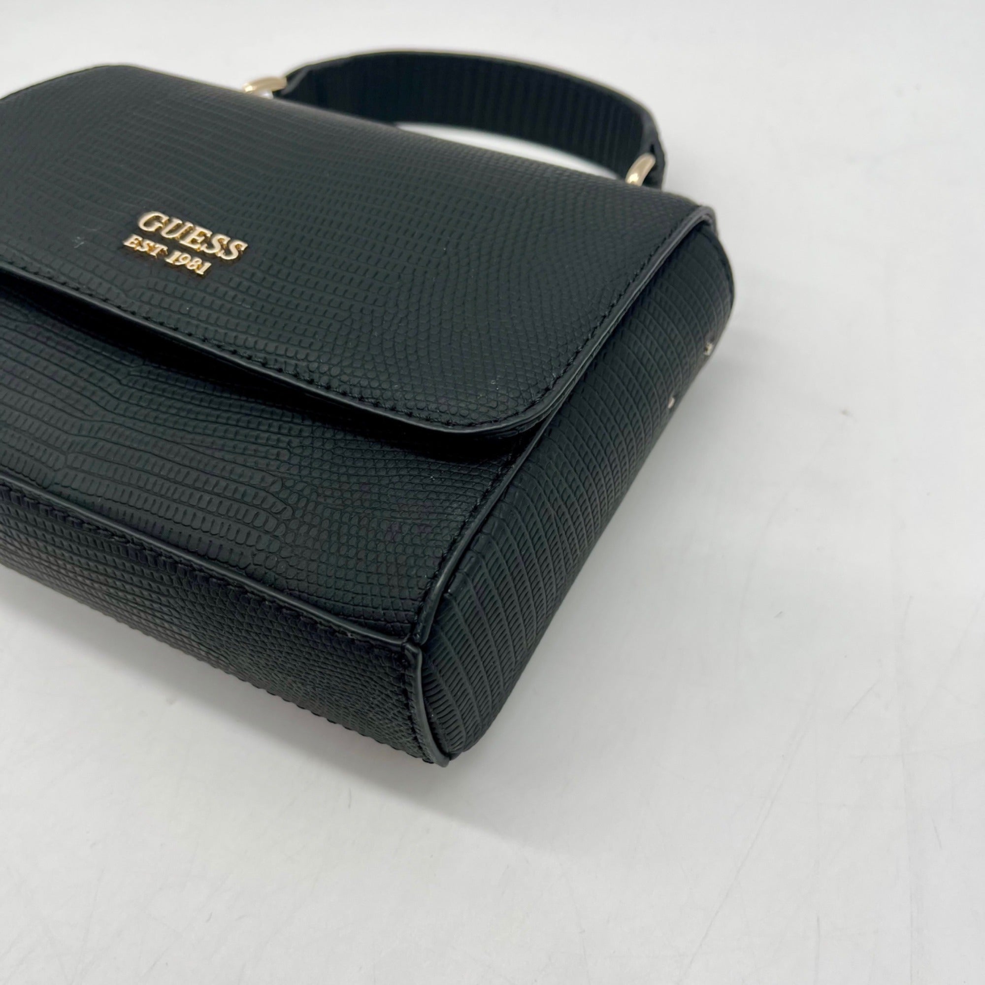 Guess Black Faux Leather Lyndi Mini Top Handle Flap Crossbody Bag