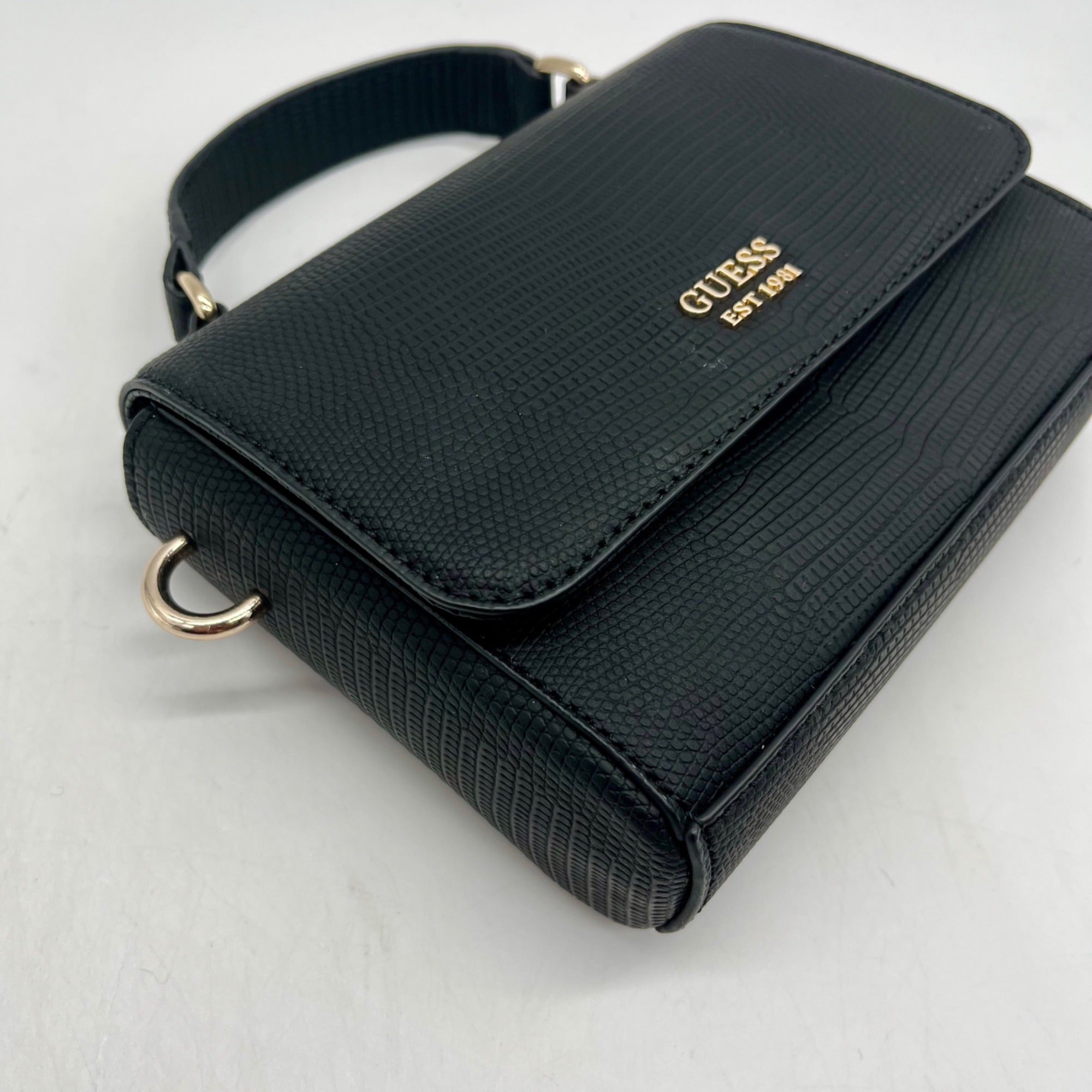 Guess Black Faux Leather Lyndi Mini Top Handle Flap Crossbody Bag
