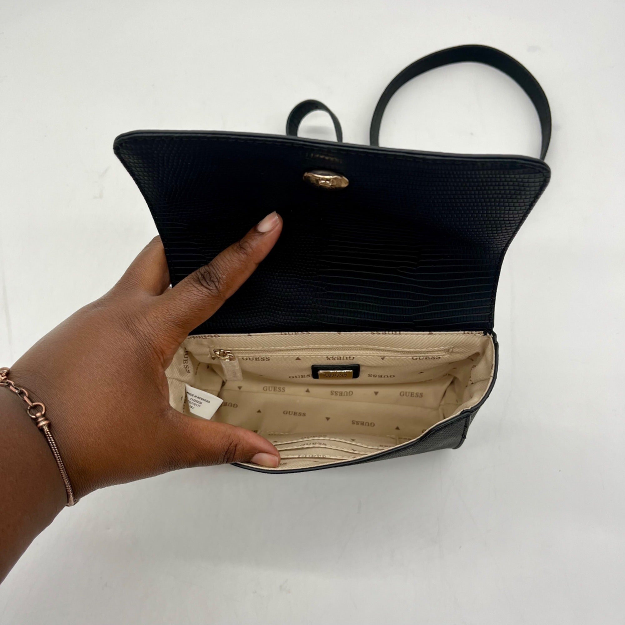 Guess Black Faux Leather Lyndi Mini Top Handle Flap Crossbody Bag