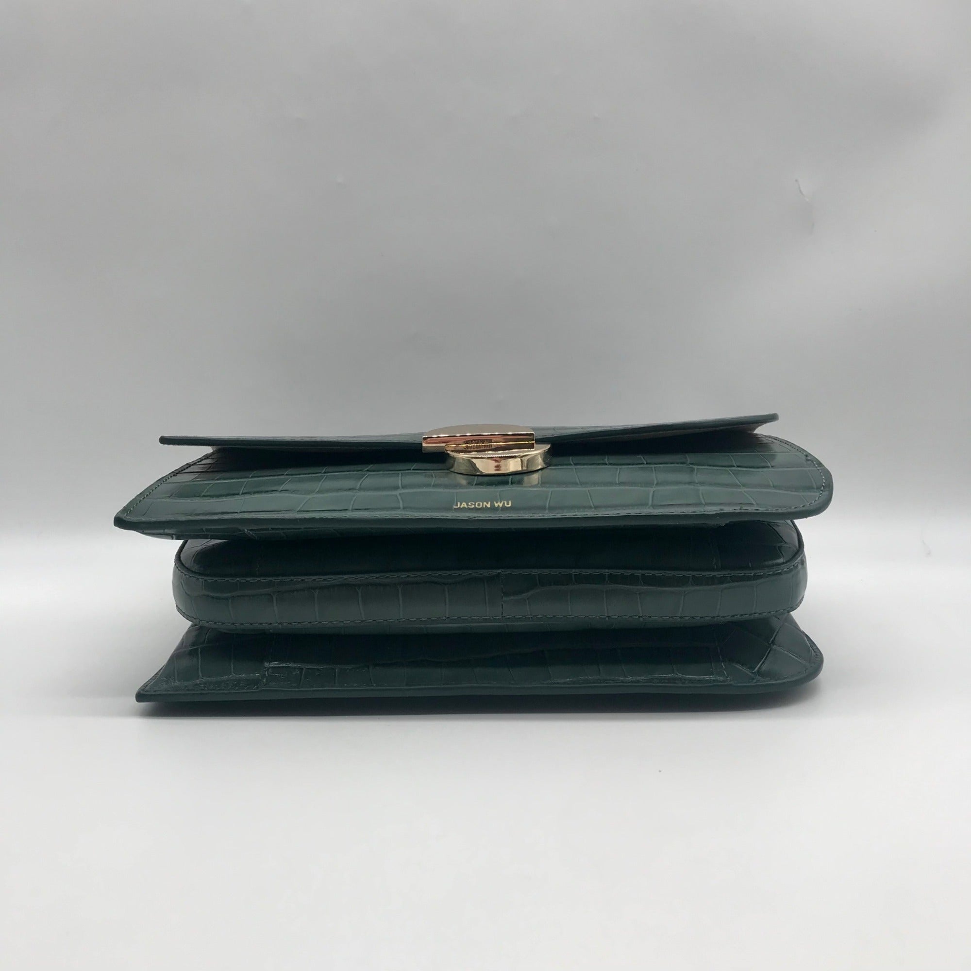 Jason Wu Sage Leaf Croc Embossed Orbit Leather Clutch