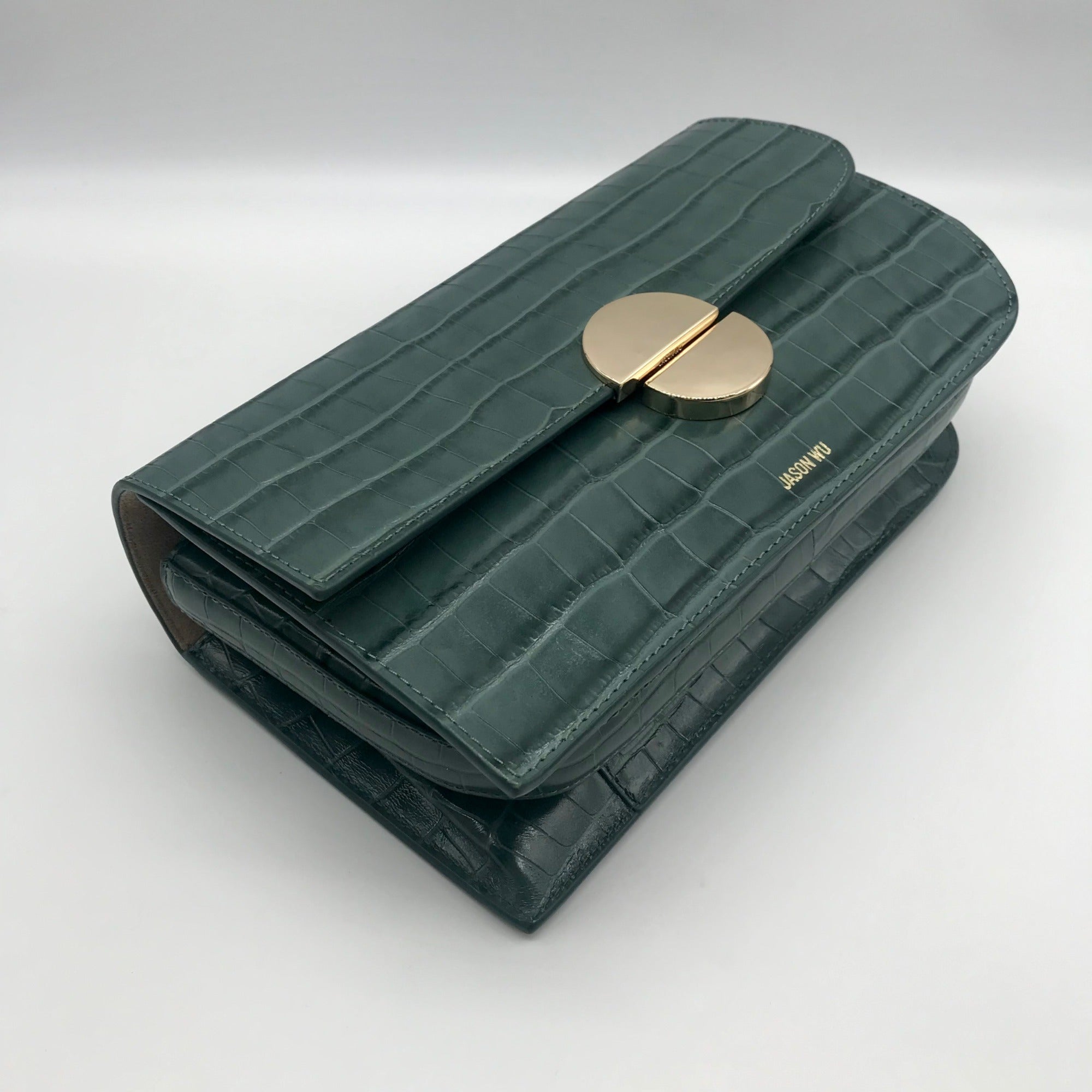 Jason Wu Sage Leaf Croc Embossed Orbit Leather Clutch