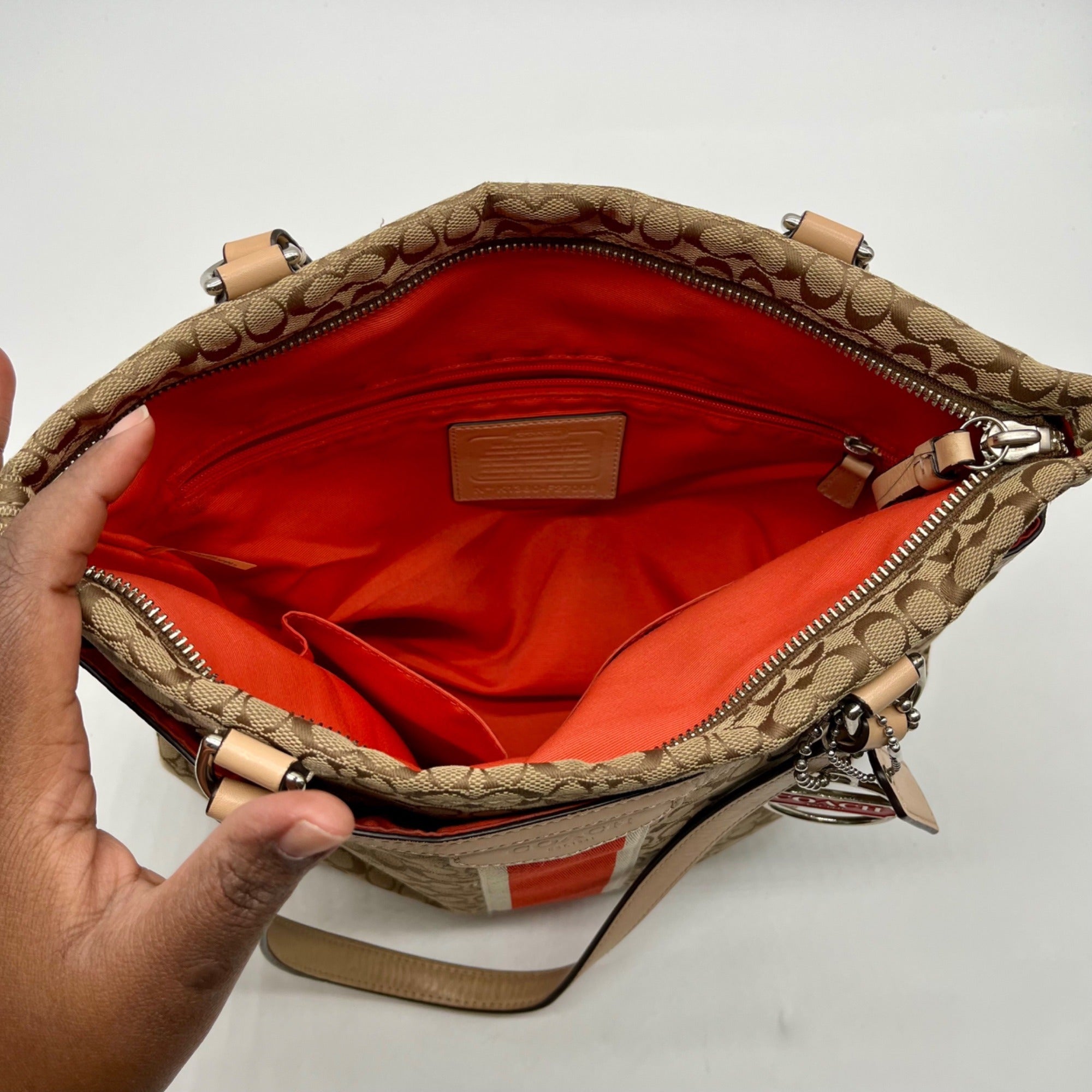 Coach Khaki And Hot Orange Tote Bag F27008