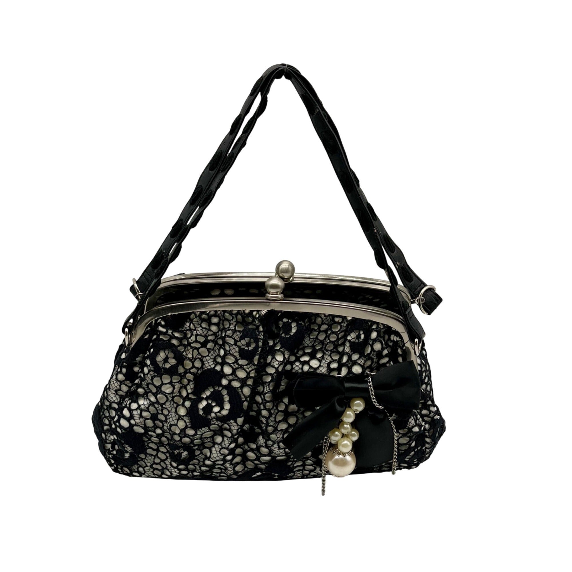 Nicole Lee Black &amp; White Lace Kiss-Lock Clutch Purse