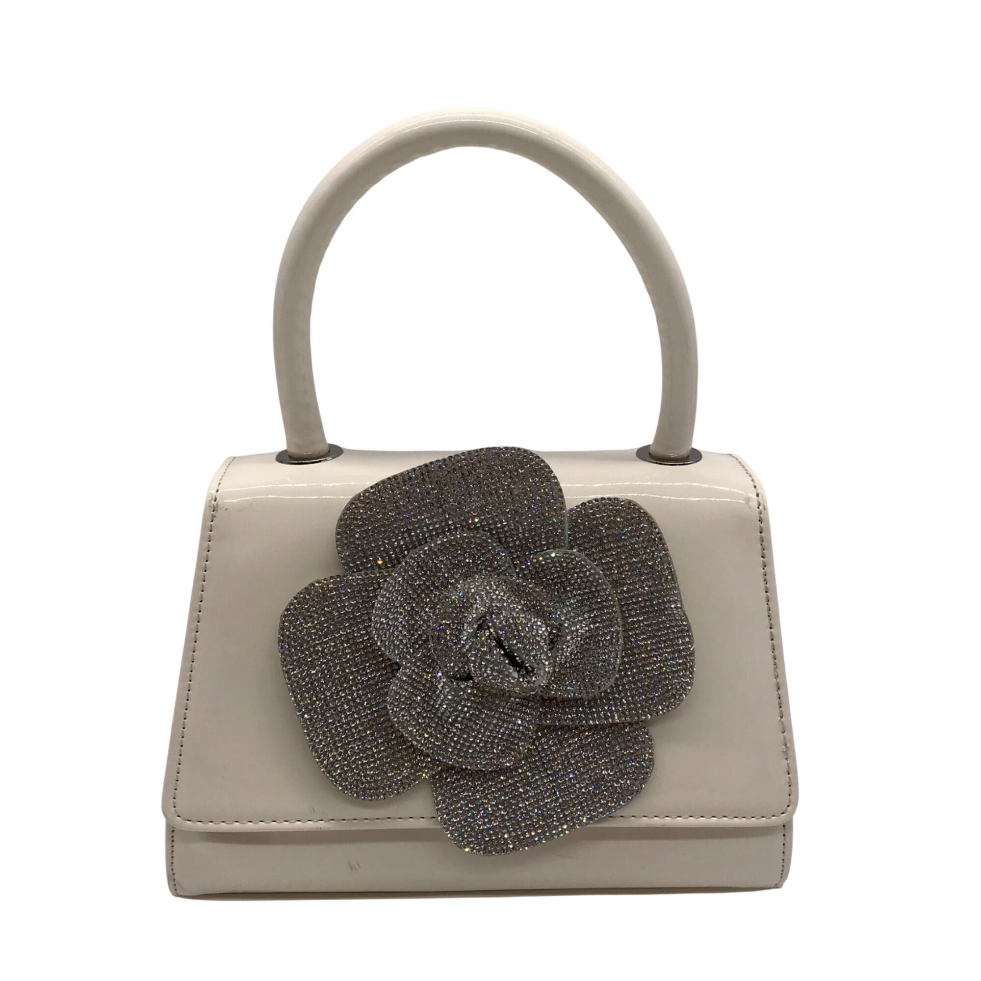 Nina Crystal Beige faux Leather Flower Embellished Patent Satchel Bag