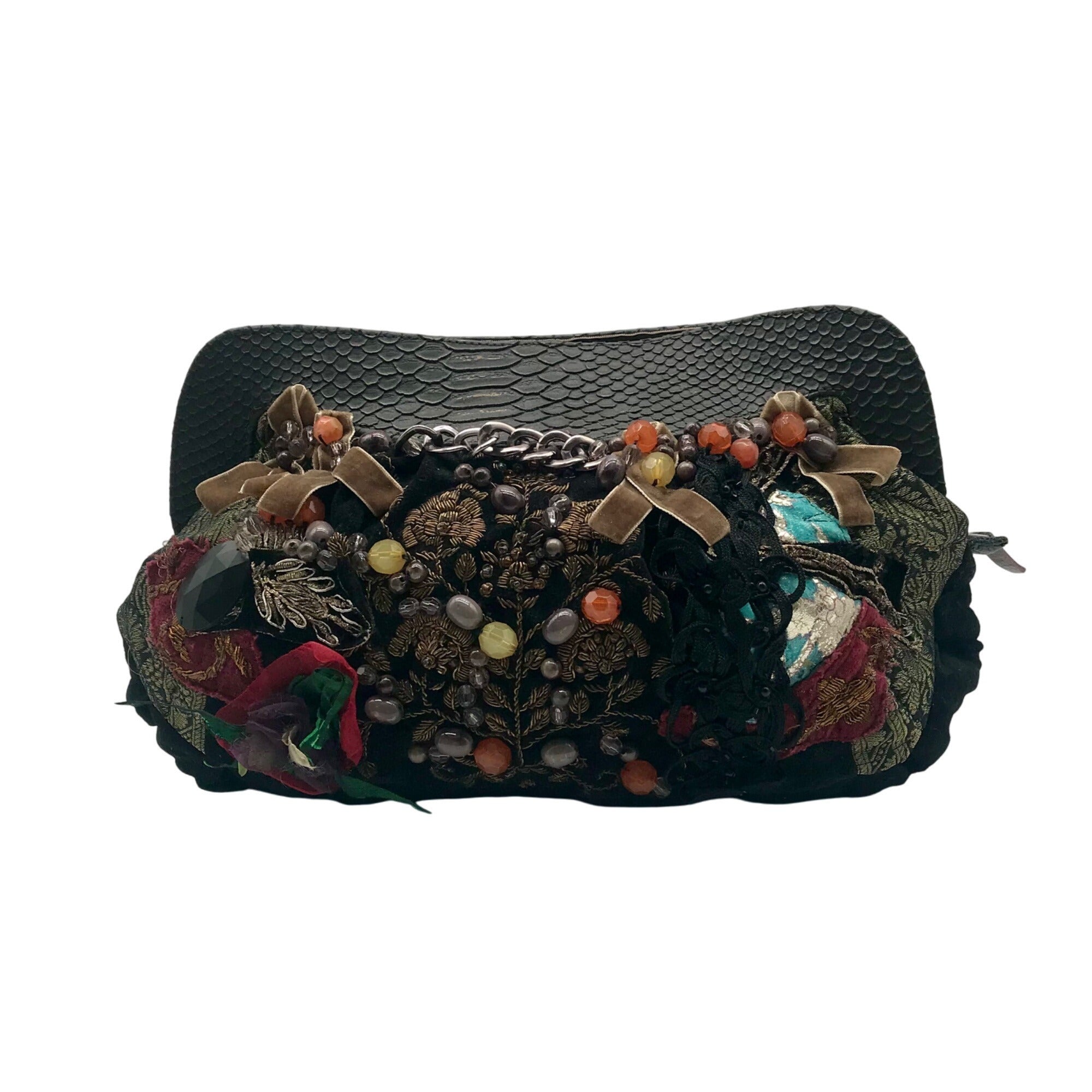 Canalli Black Velvet &amp; Leather Embellished Clutch