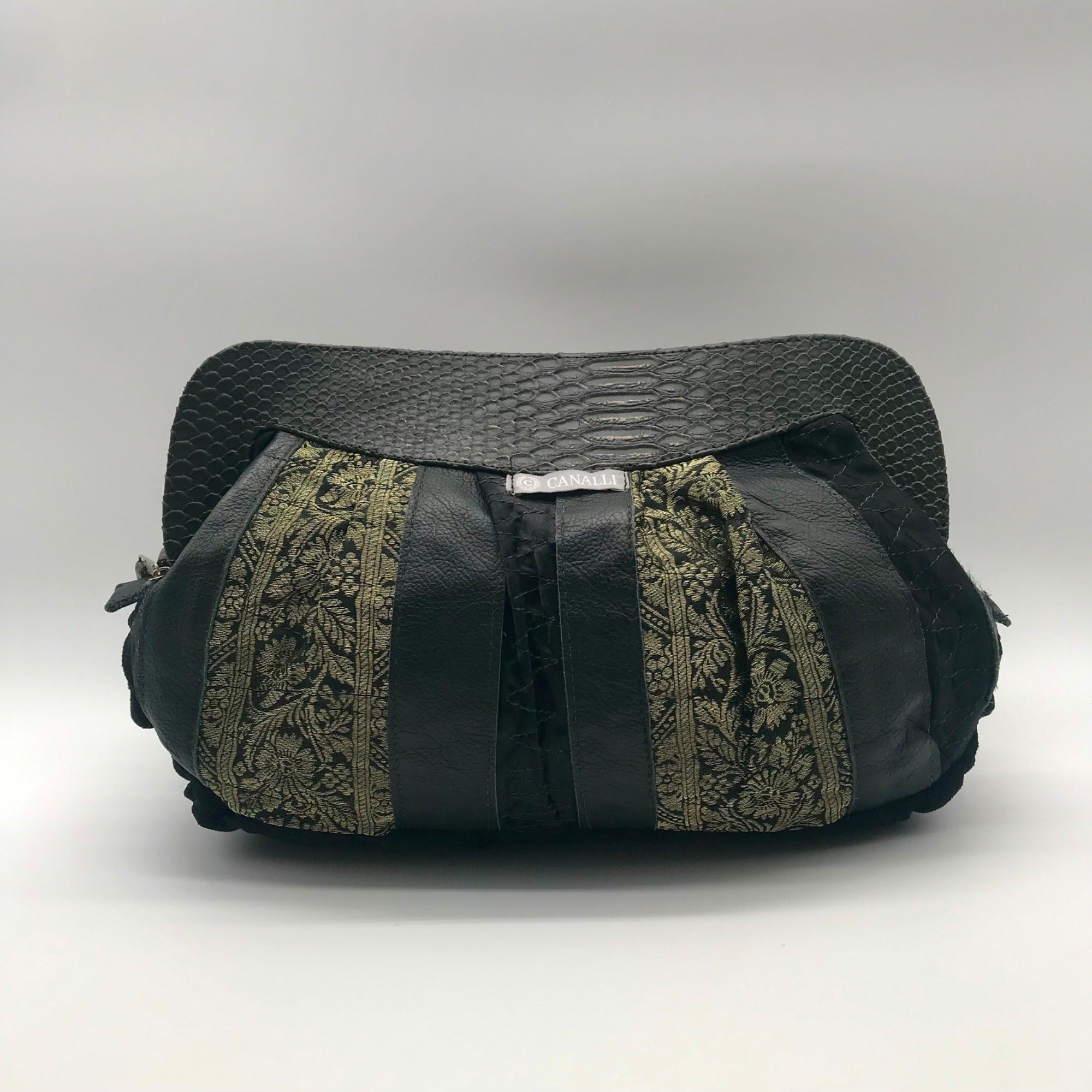 Canalli Black Velvet &amp; Leather Embellished Clutch