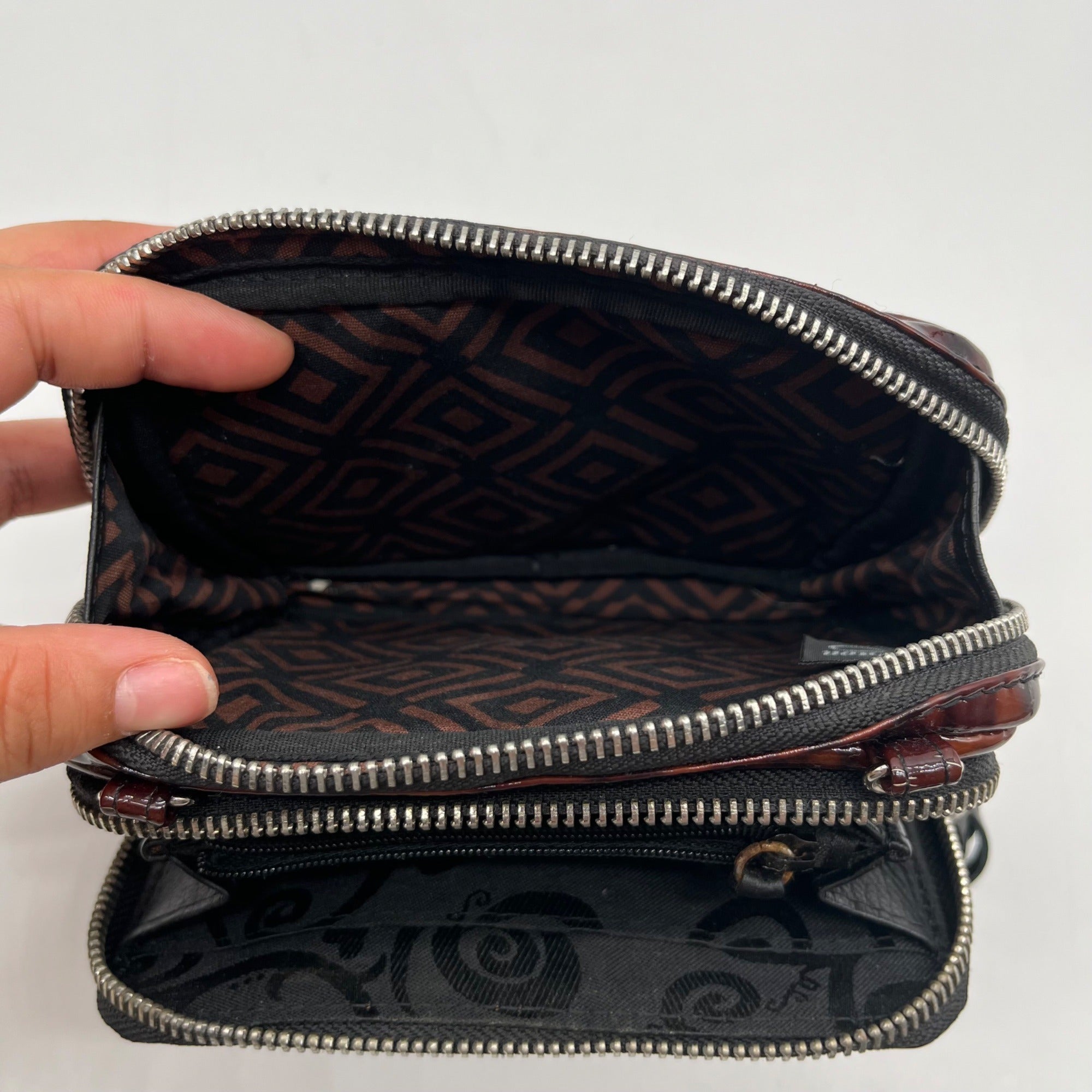 Brighton Brown Wild Tiger Patent Leather Brazos Crossbody