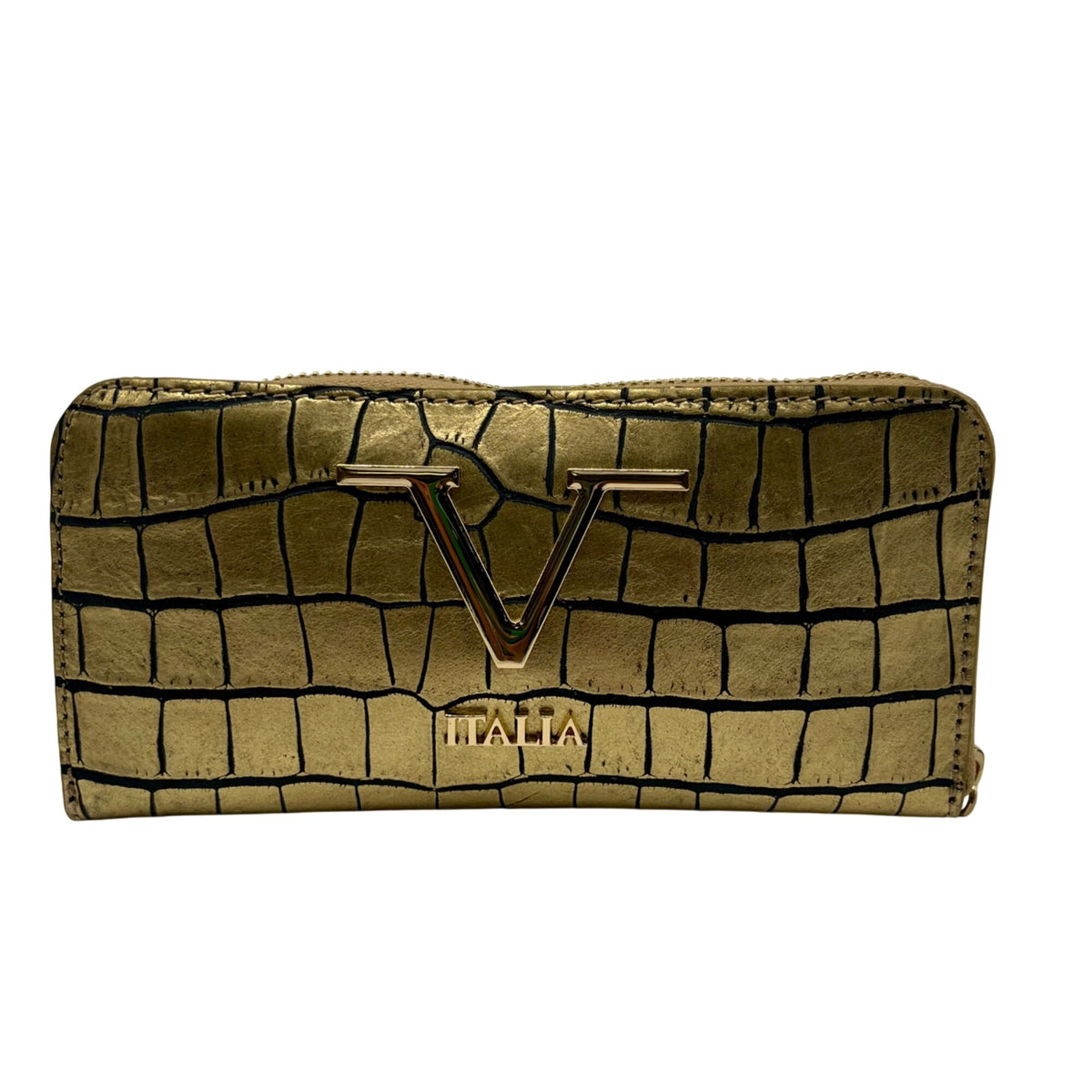 V Italia Gold Croc-Embossed Leather Zip-Around Wallet