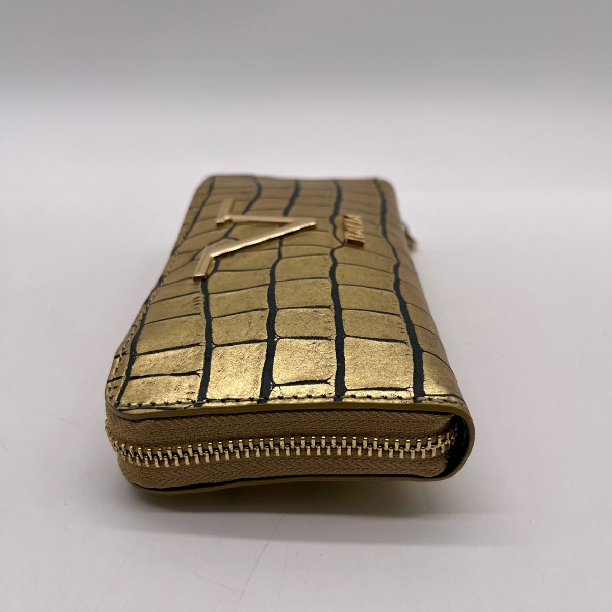 V Italia Gold Croc-Embossed Leather Zip-Around Wallet