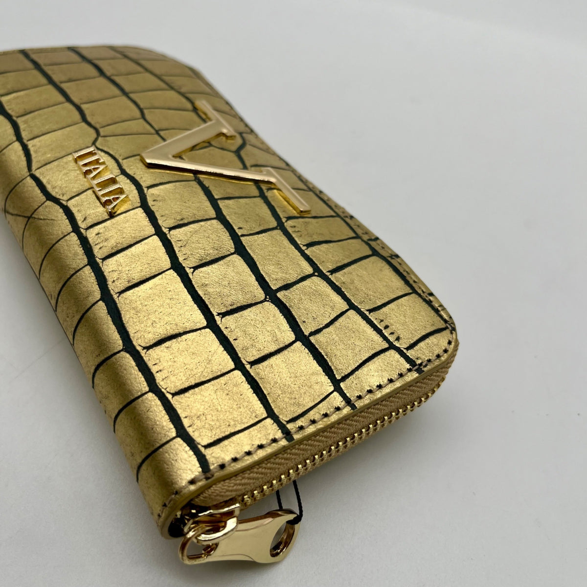V Italia Gold Croc-Embossed Leather Zip-Around Wallet