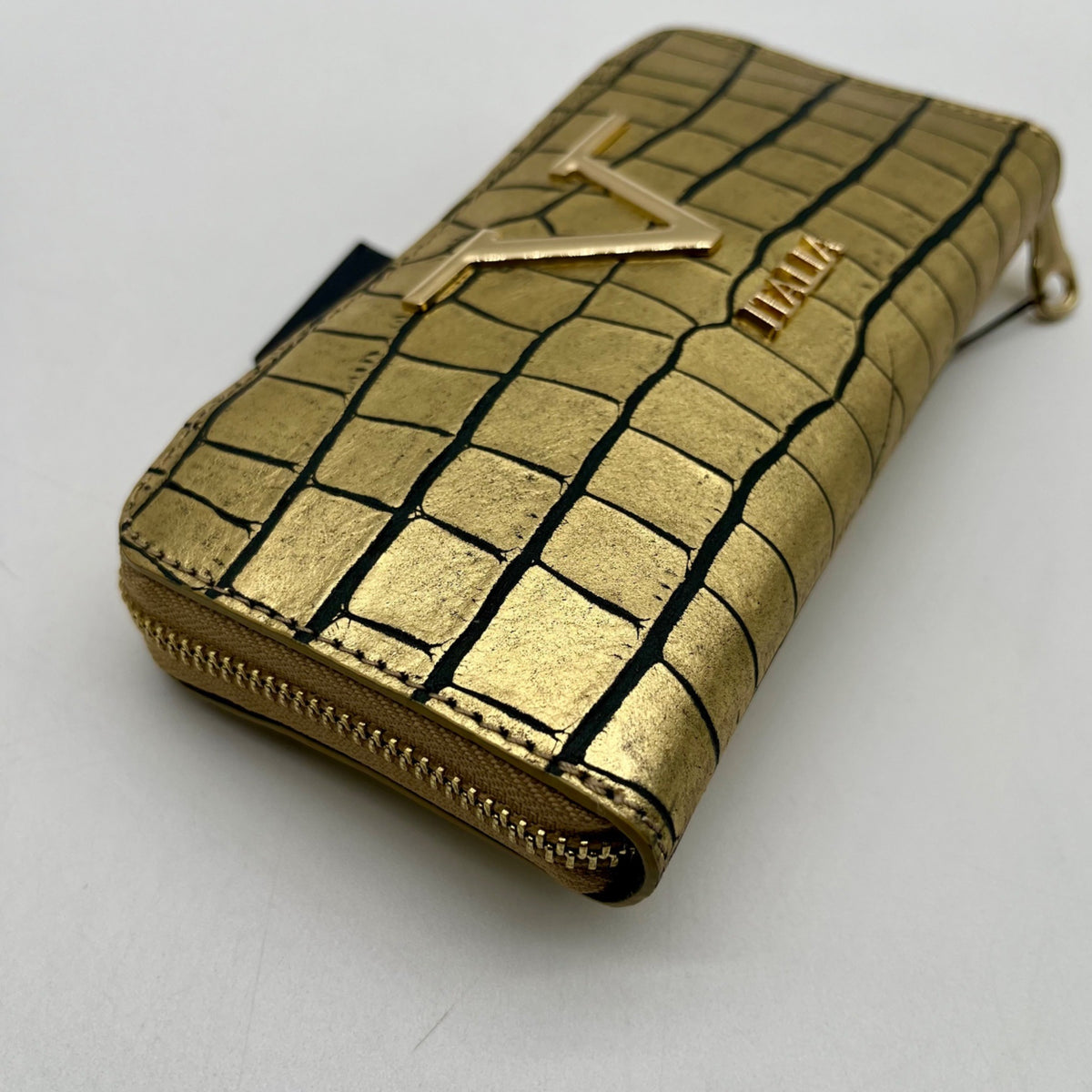 V Italia Gold Croc-Embossed Leather Zip-Around Wallet