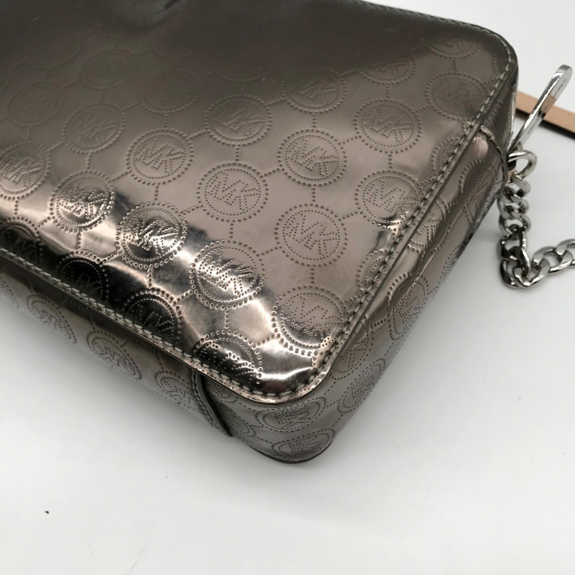 Michael Kors Metallic Gray Monogram Patent Leather Jet Set Crossbody
