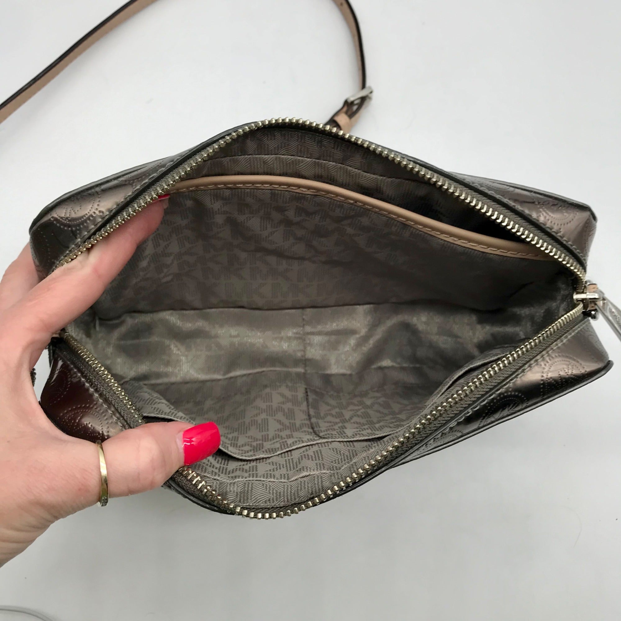 Michael Kors Metallic Gray Monogram Patent Leather Jet Set Crossbody