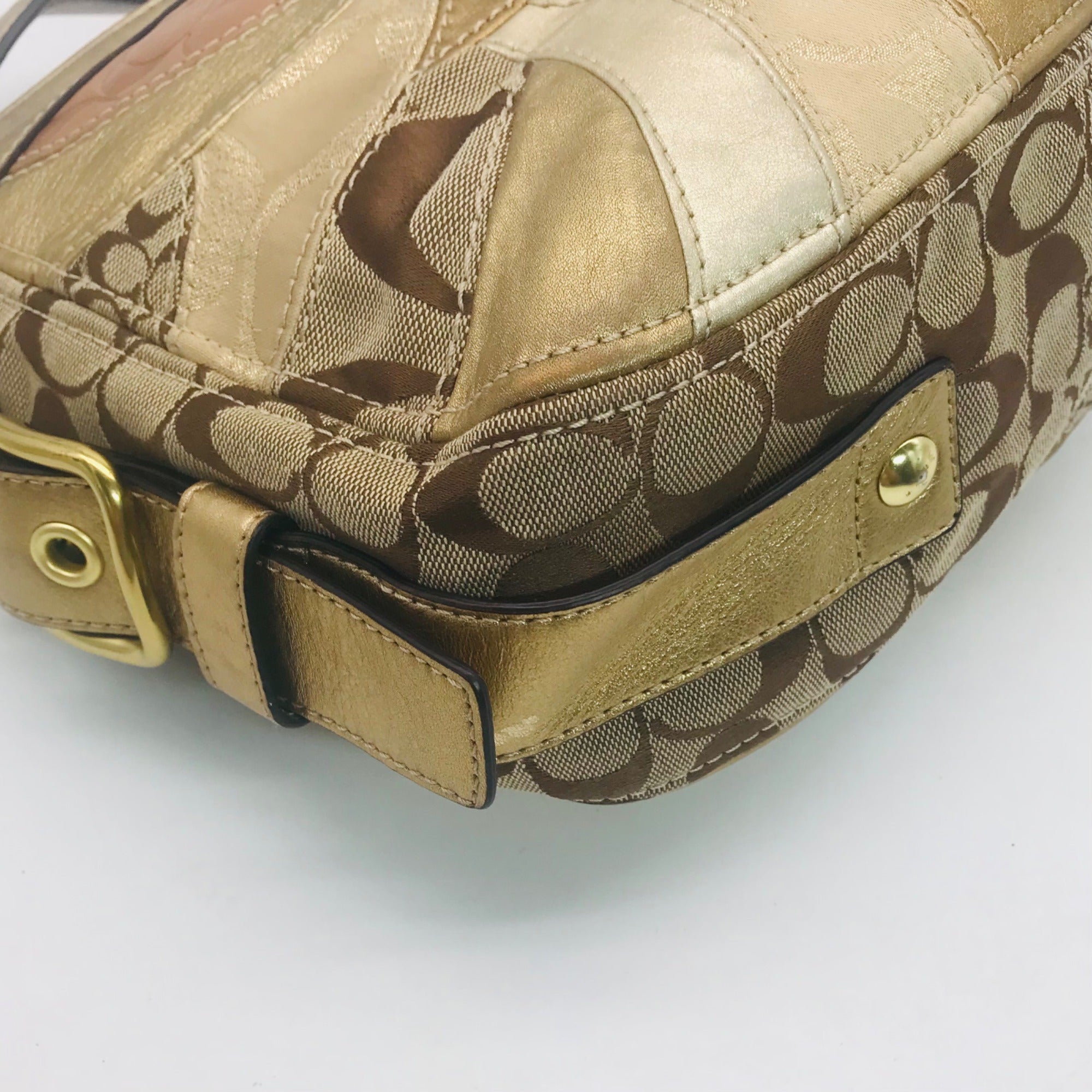 Coach Zoe Signature Patchwork Metallic Gold Leather &amp; Canvas Hobo 12663