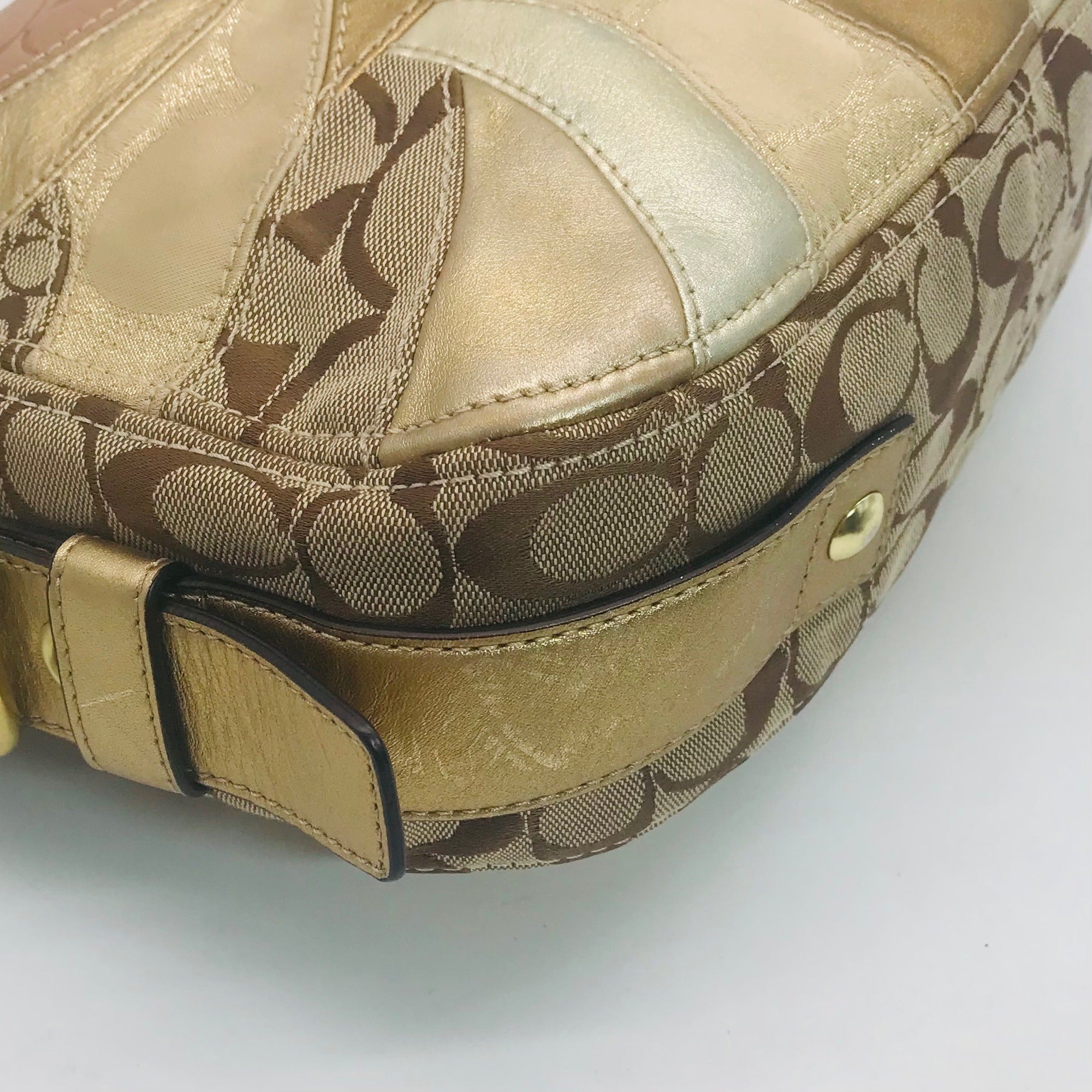 Coach Zoe Signature Patchwork Metallic Gold Leather &amp; Canvas Hobo 12663