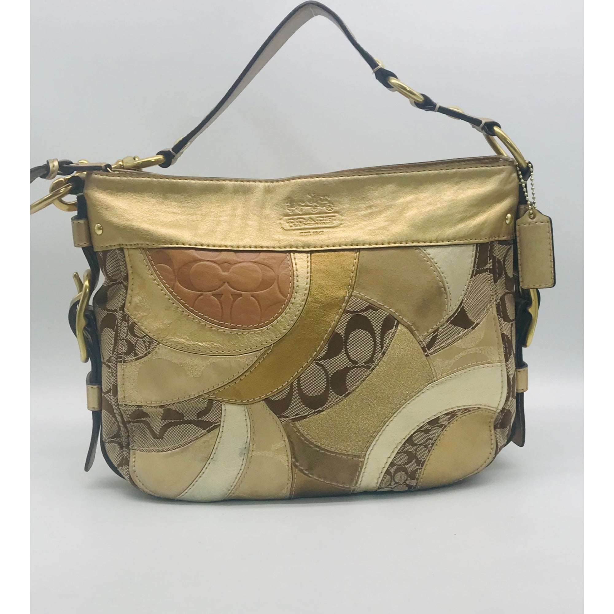 Coach Zoe Signature Patchwork Metallic Gold Leather &amp; Canvas Hobo 12663