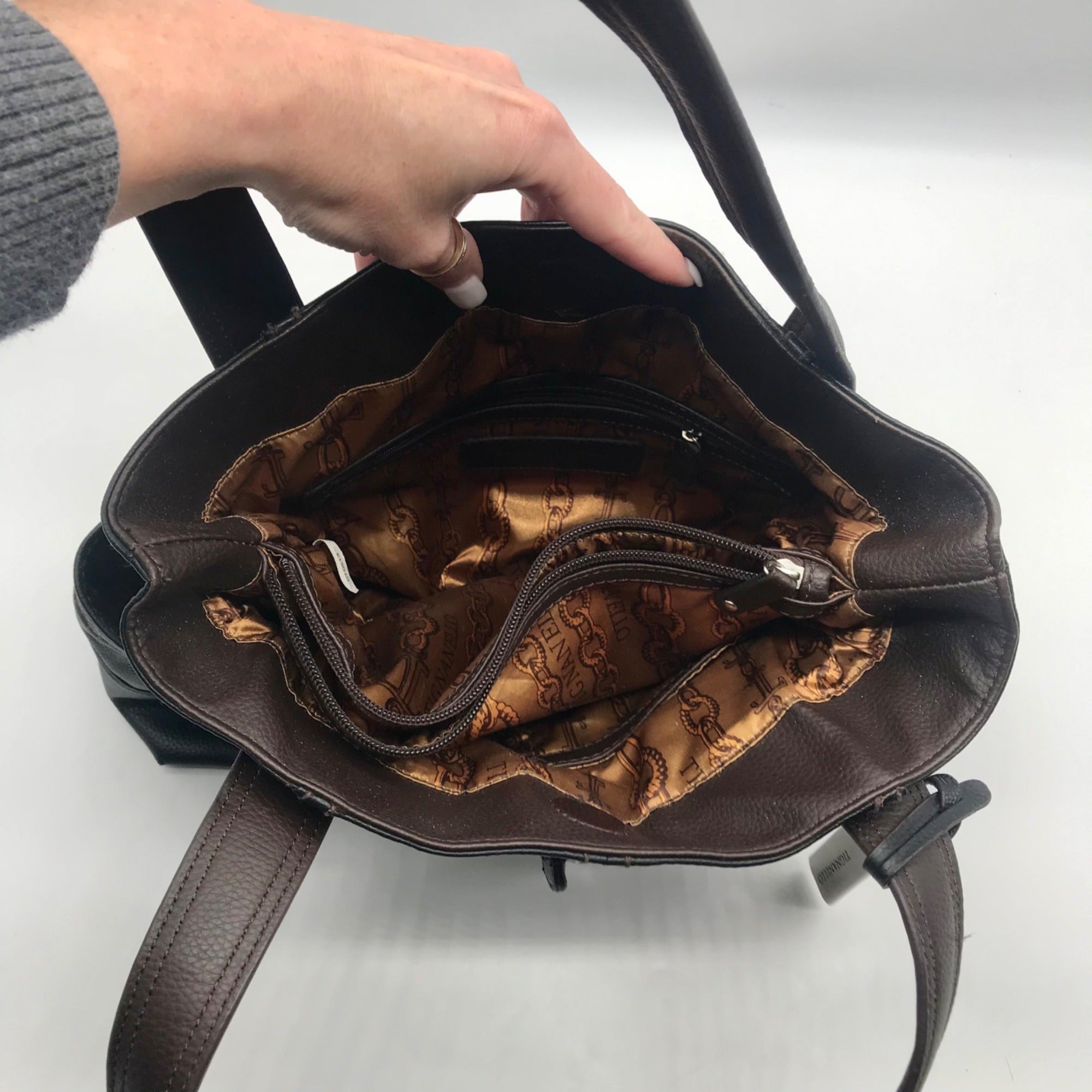 Tignanello Dark Brown Pebbled Leather Drawstring Shoulder Bag