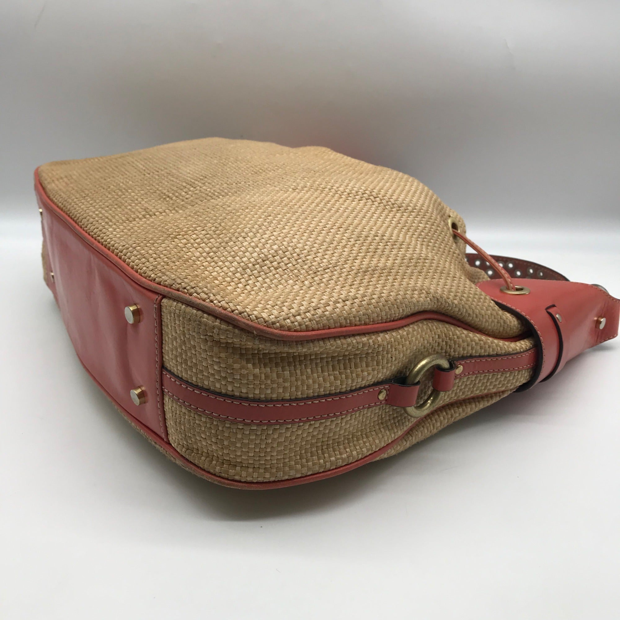 Adrienne Vittadini Beige &amp; Coral Raffia Drawstring Shoulder Bag